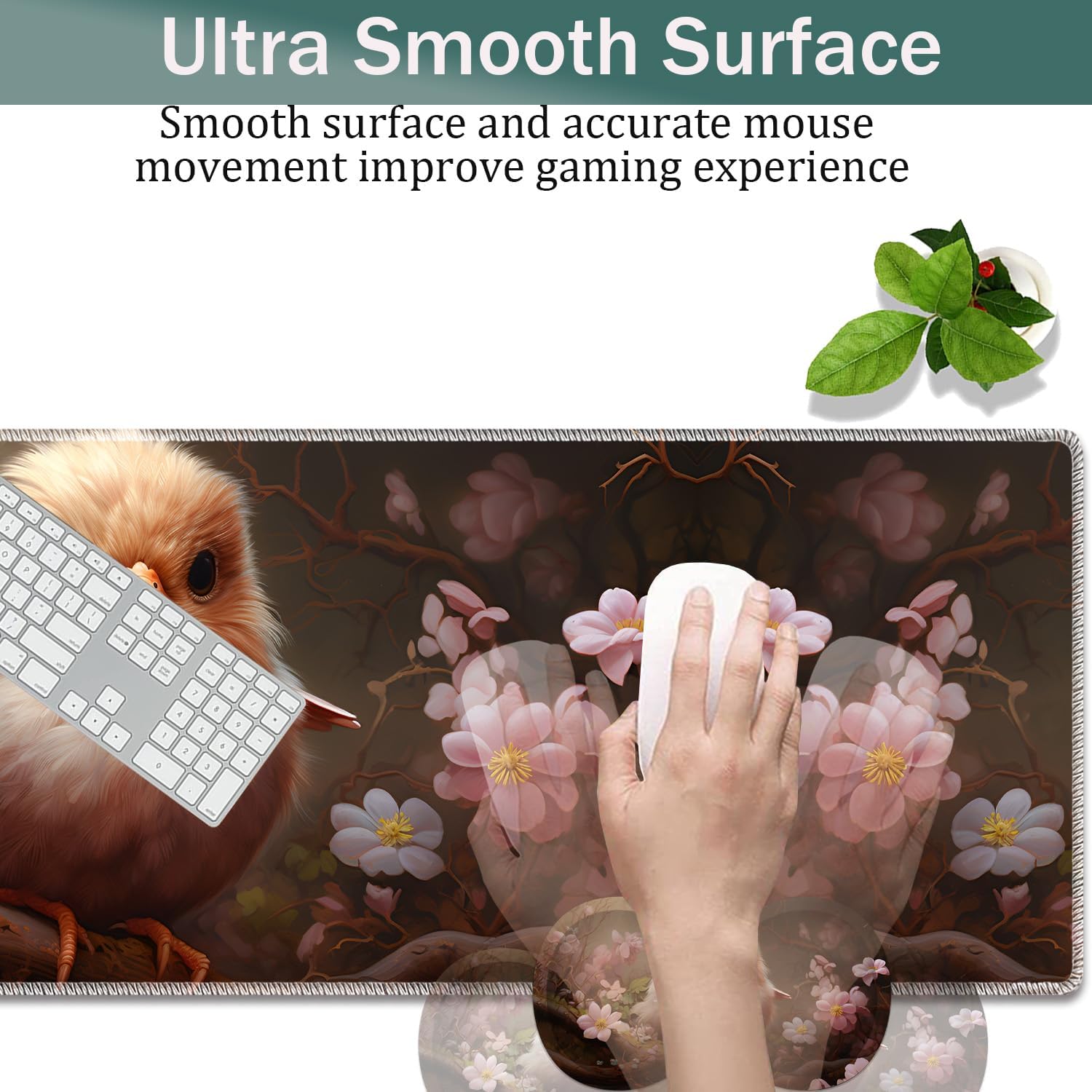 Large Game Mouse Pad + Wrist Support Pad + Coffee Coaster, Desk Pad with Sewn Edges, Anti-Slip Set pad Suitable for Office Work and Home - Cute Animals, Birds, Flowers