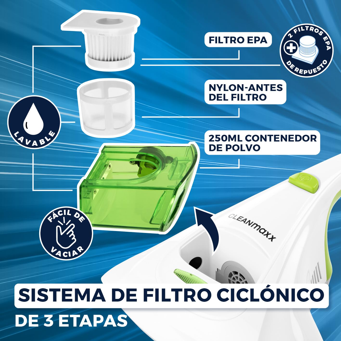 CLEANmaxx Aspirador Manual de ácaros | Limpiador de colchones con Potente succión, esteriliza Las Superficies con luz UV-C | 300Watt [Destruye hasta el 99,9% de Todos los ácaros]