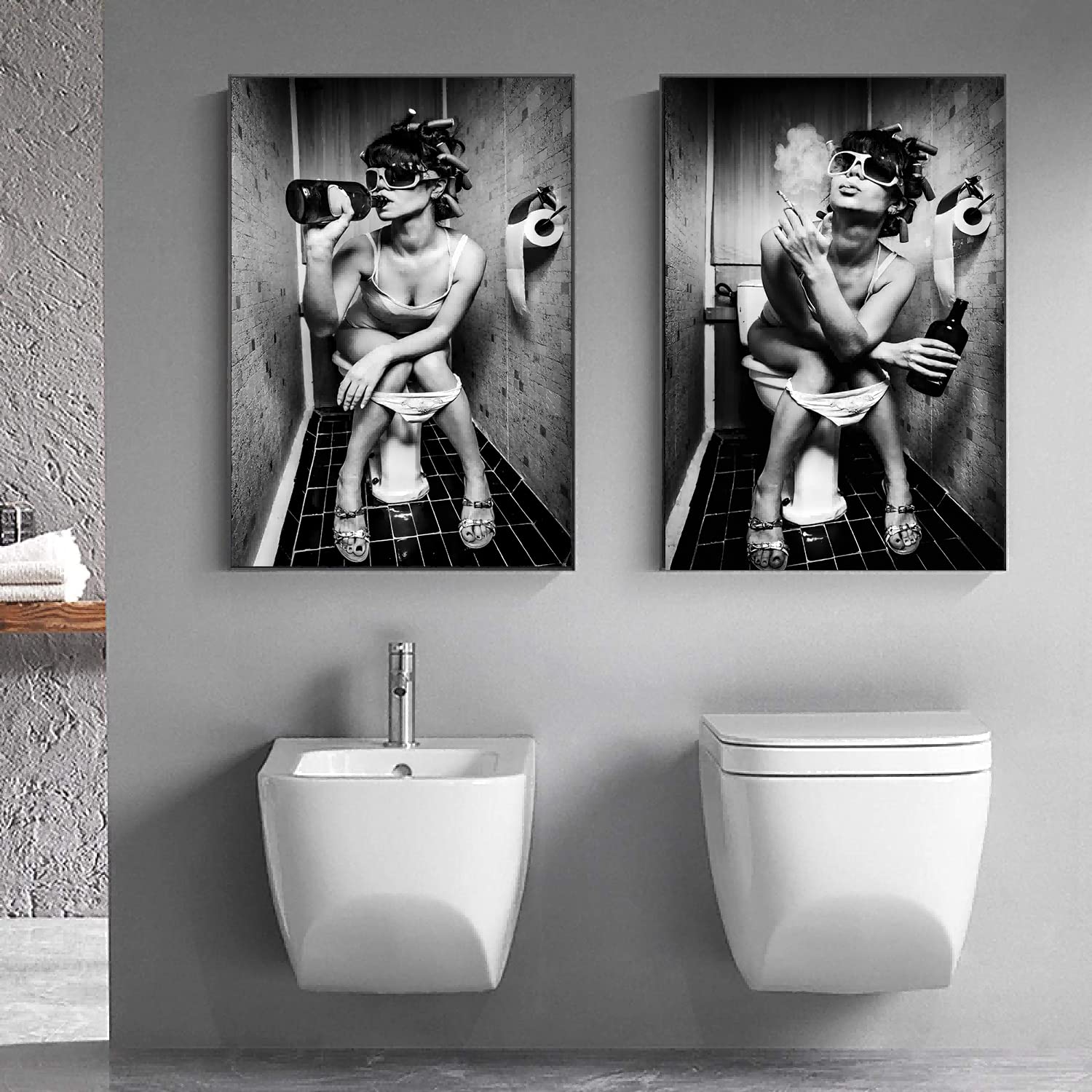 WADBTP Immagini per il bagno, Immagini in bianco e nero, Moderne immagini decorative divertenti per soggiorno, bagno, camera da letto - Senza cornice (2 pezzi-HB2, 2 pezzi-70x100cm)