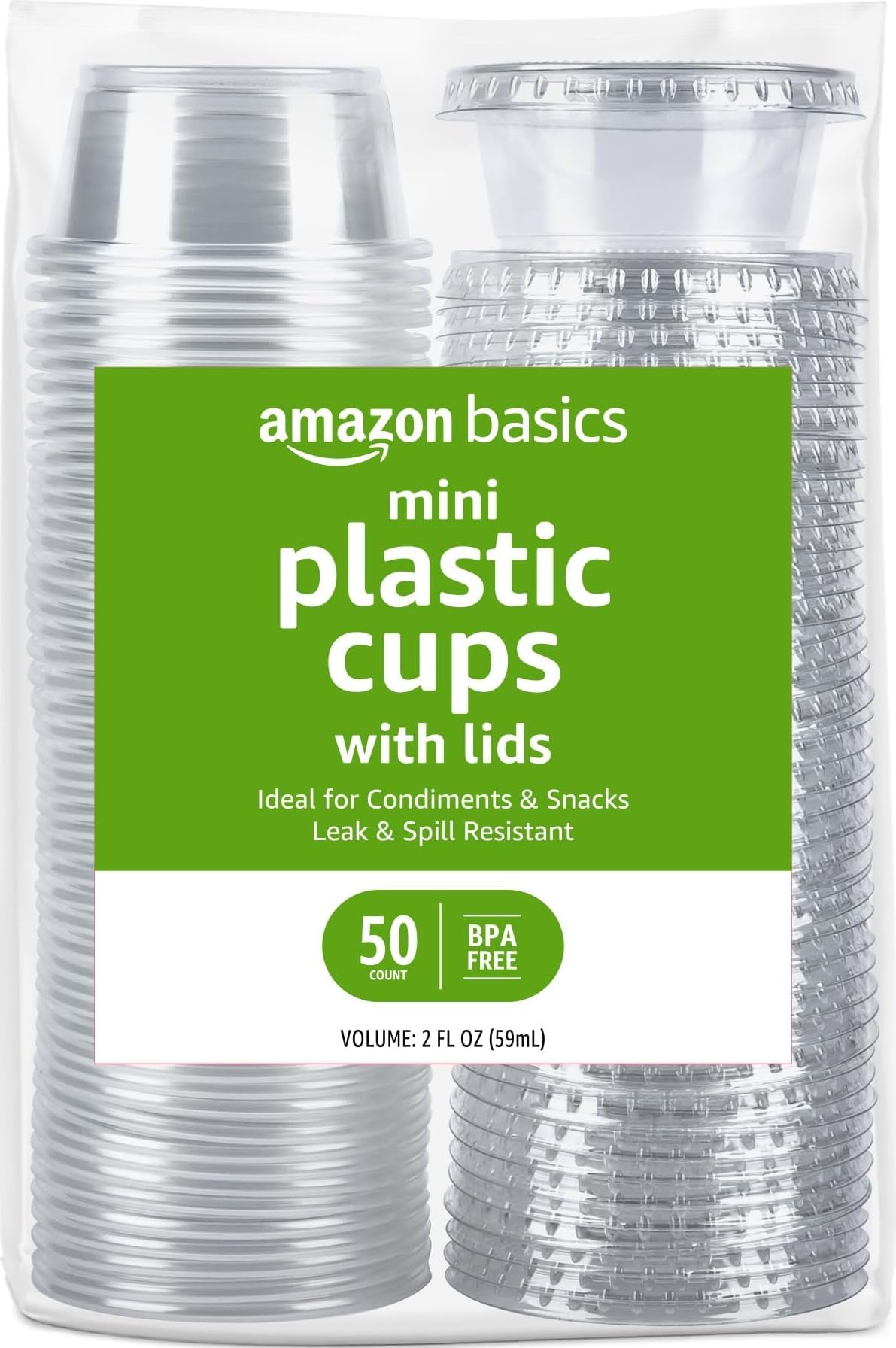 Amazon Basics Disposable Plastic To-Go Cups and Lids, Mini, 2oz, 50 Count, BPA Free, for Condiment, Salad Dressing, Sauces, Jello Shots