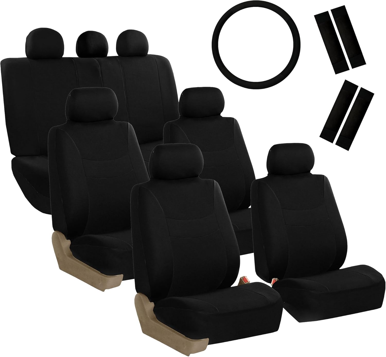 FH Group Light & Breezy Flat Cloth Cars Seat Covers Combo Steering Wheel Cover & Seat Belt Pads, Airbag and Split Rear Universal Fit Interior Accessories Cars Trucks SUV 7 Seater Three Row Set Black