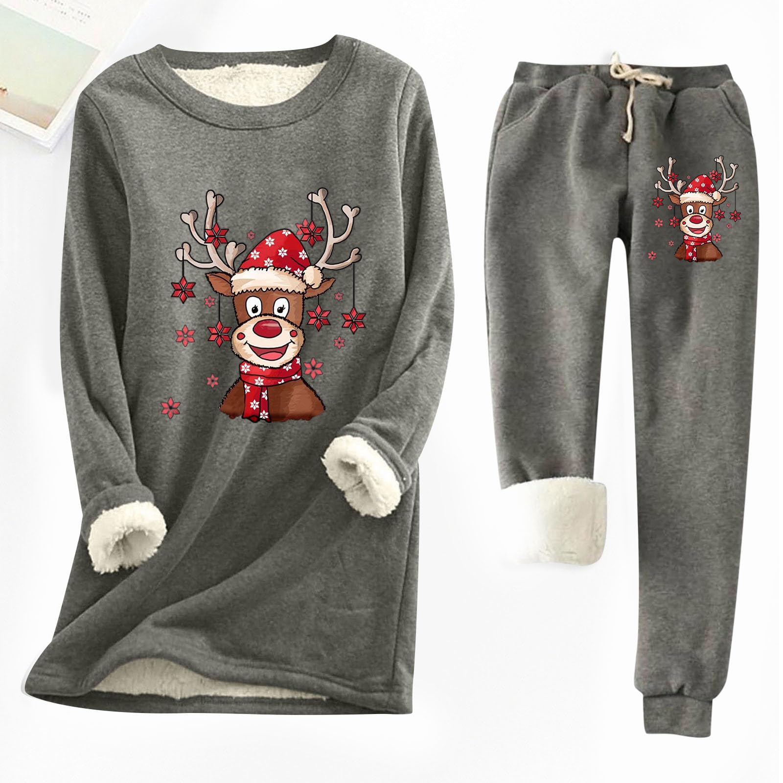 Completo da donna con pantaloni girocollo in velluto e testa di natalizia