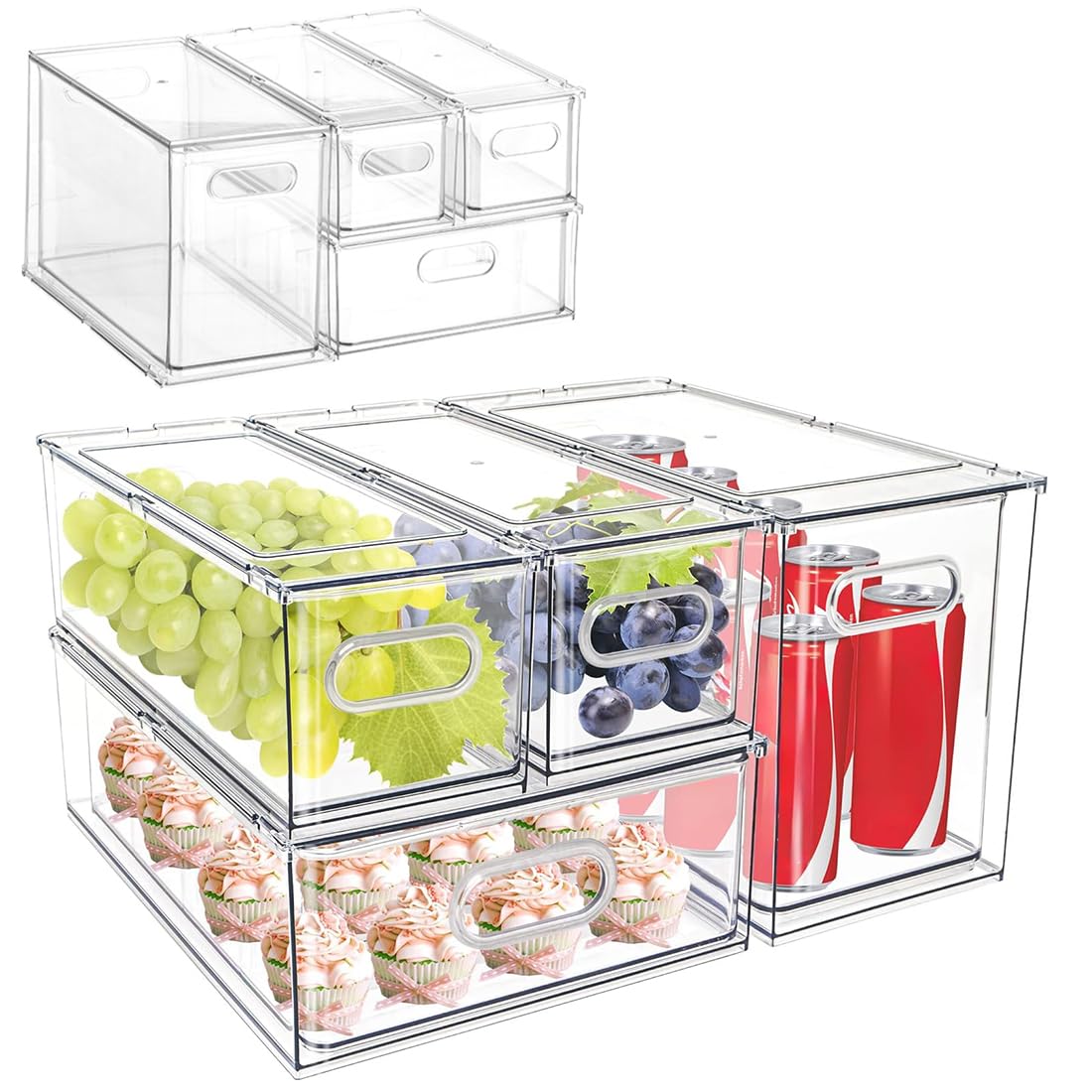 4 Pack Fridge Organizers and Storage,Clear Stackable Fridge Drawers,Pull Out Fridge Organizer,Refrigerator Organizer Bins with Dividers,Food Storage Containers for Fruit and Vegetable