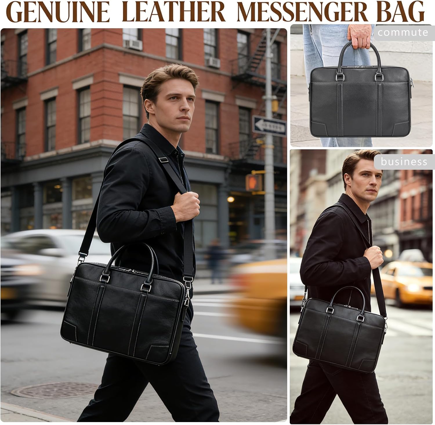 Leather Laptop Bag for Men Briefcase Fits 15.6 Inch Notebook Portable Shoulder Messenger Crossbody Bag for Travel Office