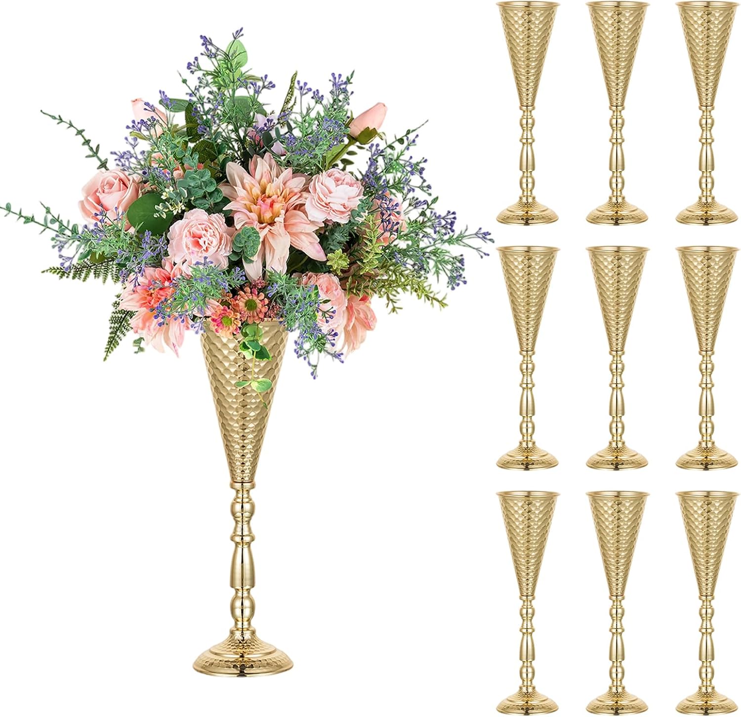 NUPTIO Gold Centerpiece for Table Wedding: 16.5" Tall Hammered Trumpet Vase for Bouquets Flower Arrangement - Metal Center Piece Stands for Party Event Set of 10