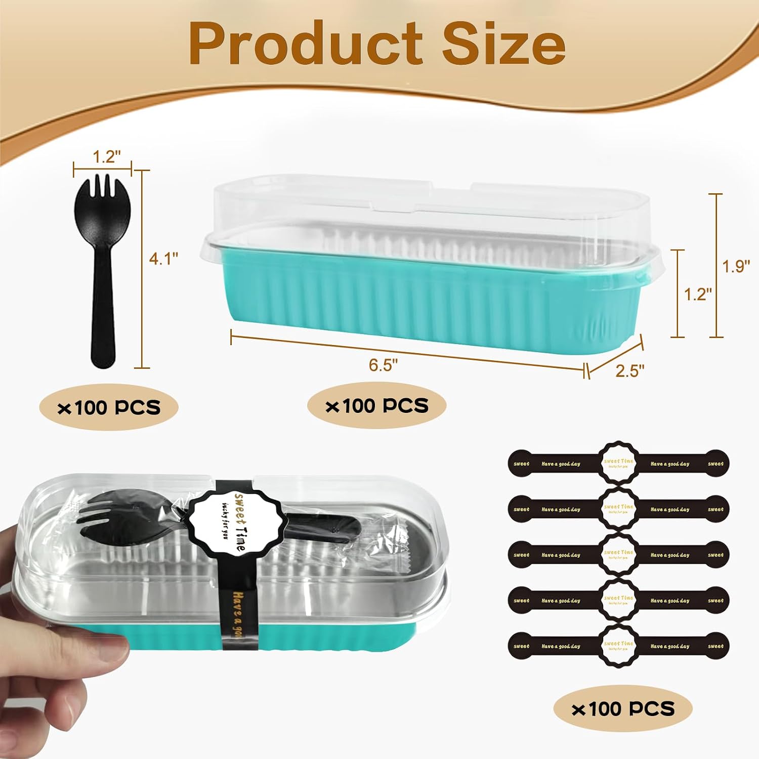 100 Pack Mini Cake Pans with Lids and Spoons, Mini Loaf Baking Pans 6.8oz, Small Disposable Aluminum Foil Loaf Pans, Rectangular Baking Containers for Party and Picnics, Cheesecake Pans (Blue)
