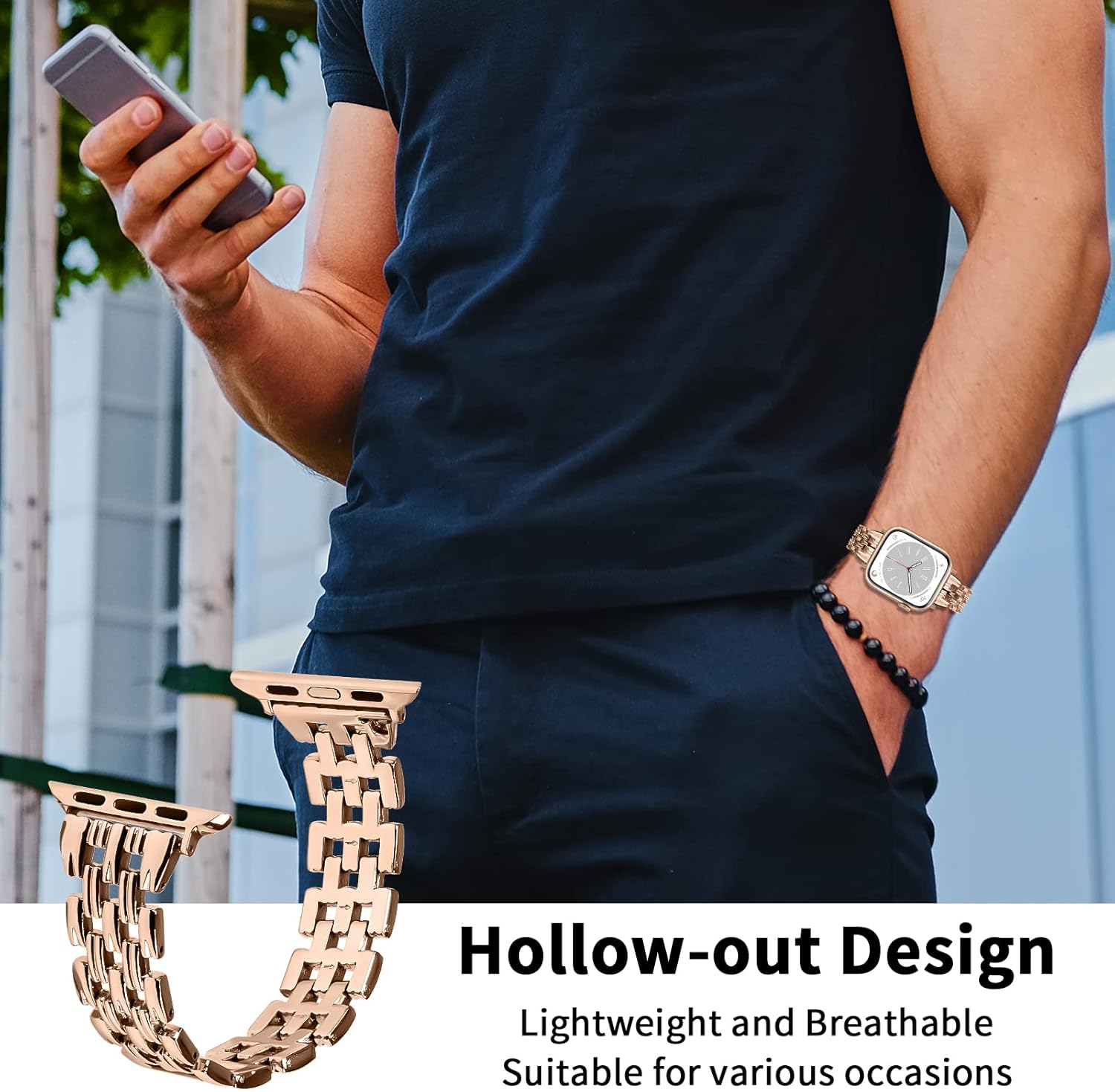 Metal Watch Band Compatible with Apple Watch 38mm 40mm 41mm 42mm 44mm 45mm 49mm, Dressy Strap with V-Shape Debossed Design for Women Men, Pretty Shiny Look