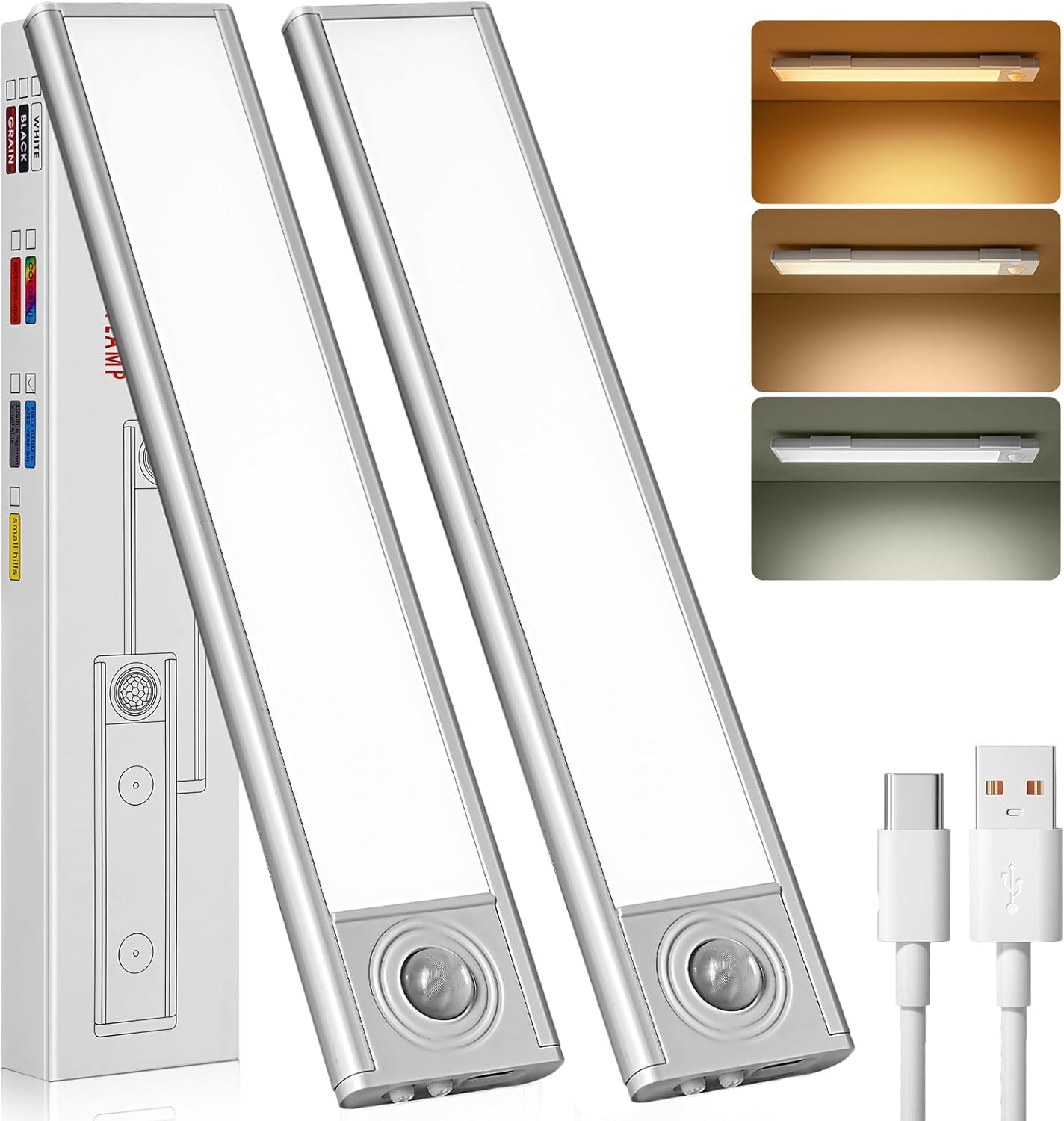 Yiduohua Under Cabinet Kitchen Lights, 20cm LED Motion Sensor Lights Indoor, 3 Color Stepless Dimming & 3 Modes Rechargeable Wardrobe Lights for Cupboard, Kitchen, Bedroom, Hallway (2pcs)