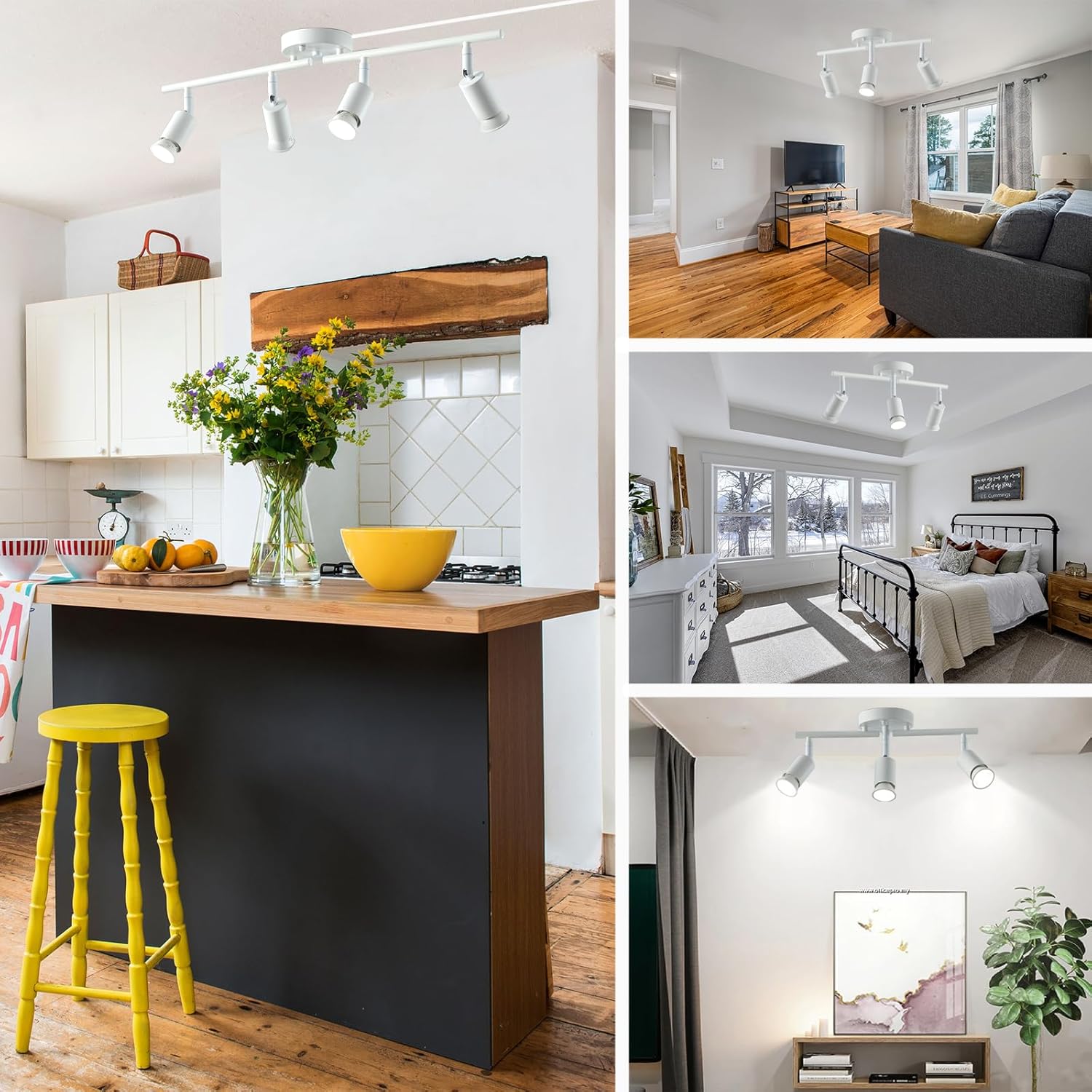 4 Light White Plug in Track Light White Plug in Ceiling Lighting Fixture with 16.4' Long Cord,4 Way Ceiling Spotlight,Rotatable Wall Mount Light Head