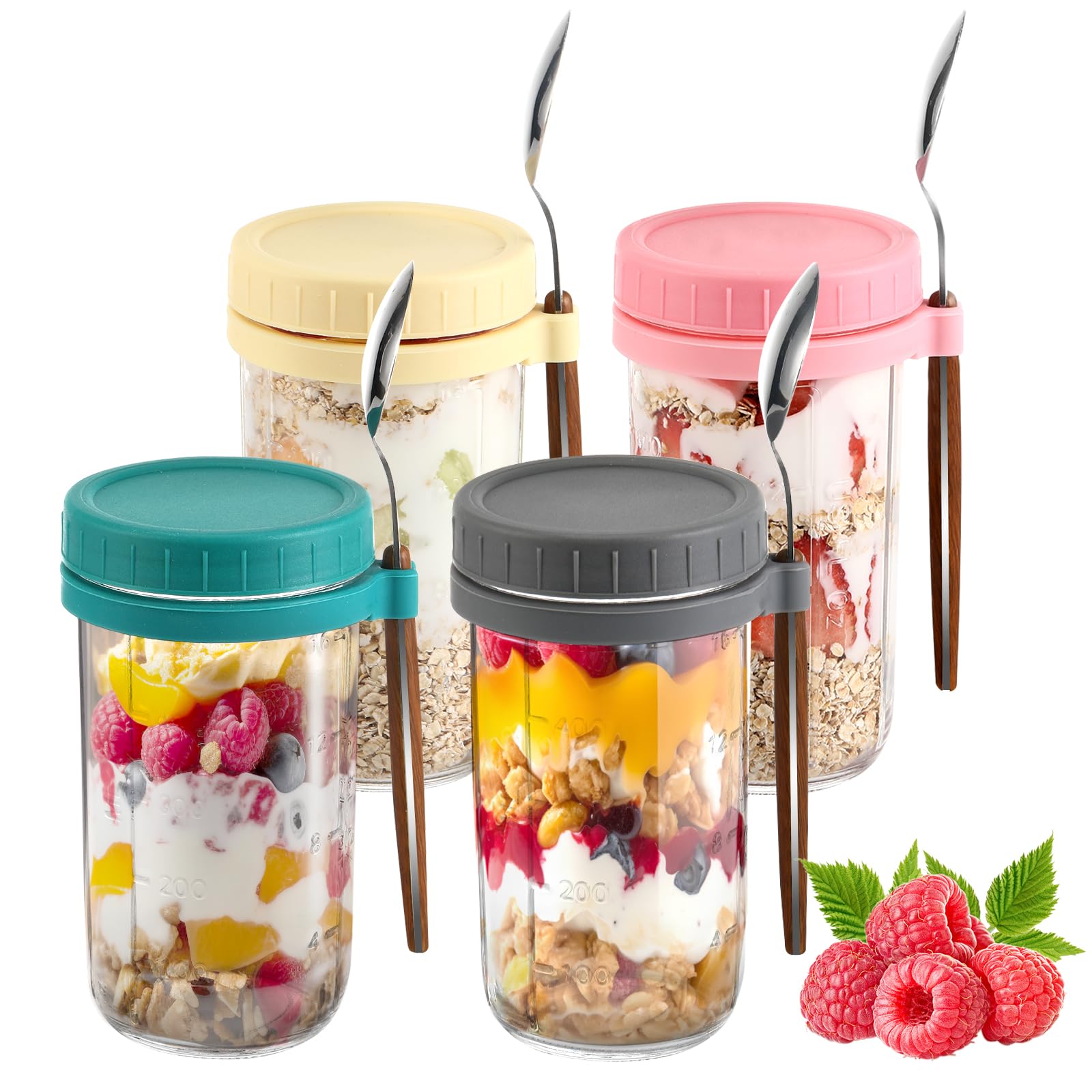 Pavlleen Tarros de Cristal 600ml con Tapa y Cuchara - Tarros de Avena Nocturna Portátil, Mason Jars con Medidor para Cereales, Leche, Yogur y Fruta