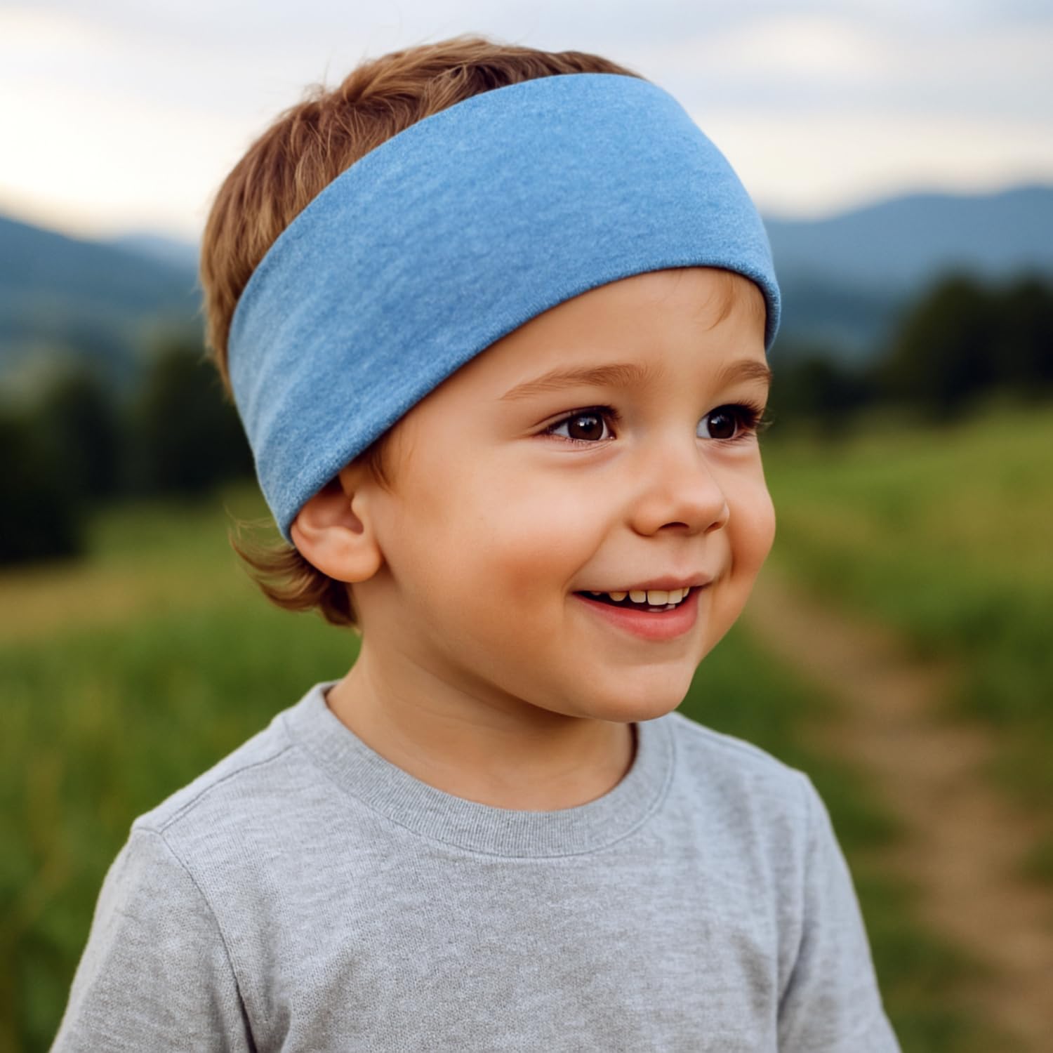 Wollhuhn ÖKO MINI Kinder Breites Elastisches Stirnband/Haarband Deutsche Herstellung Bequem Baumwolle (KU 48-52) (Einfarbig Jeansblau Hell Meliert)