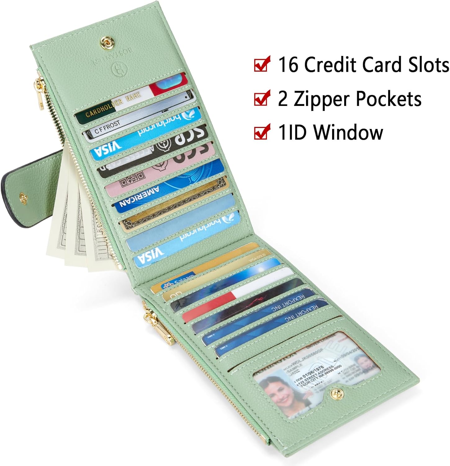 BOSTANTEN Leather Wallets for Women Large RFID Blocking Slim Bifold Purse Card Holder with Zipper Pocket Global Recycled Standard Global Recycled Standard Global Recycled Standard - Image 3