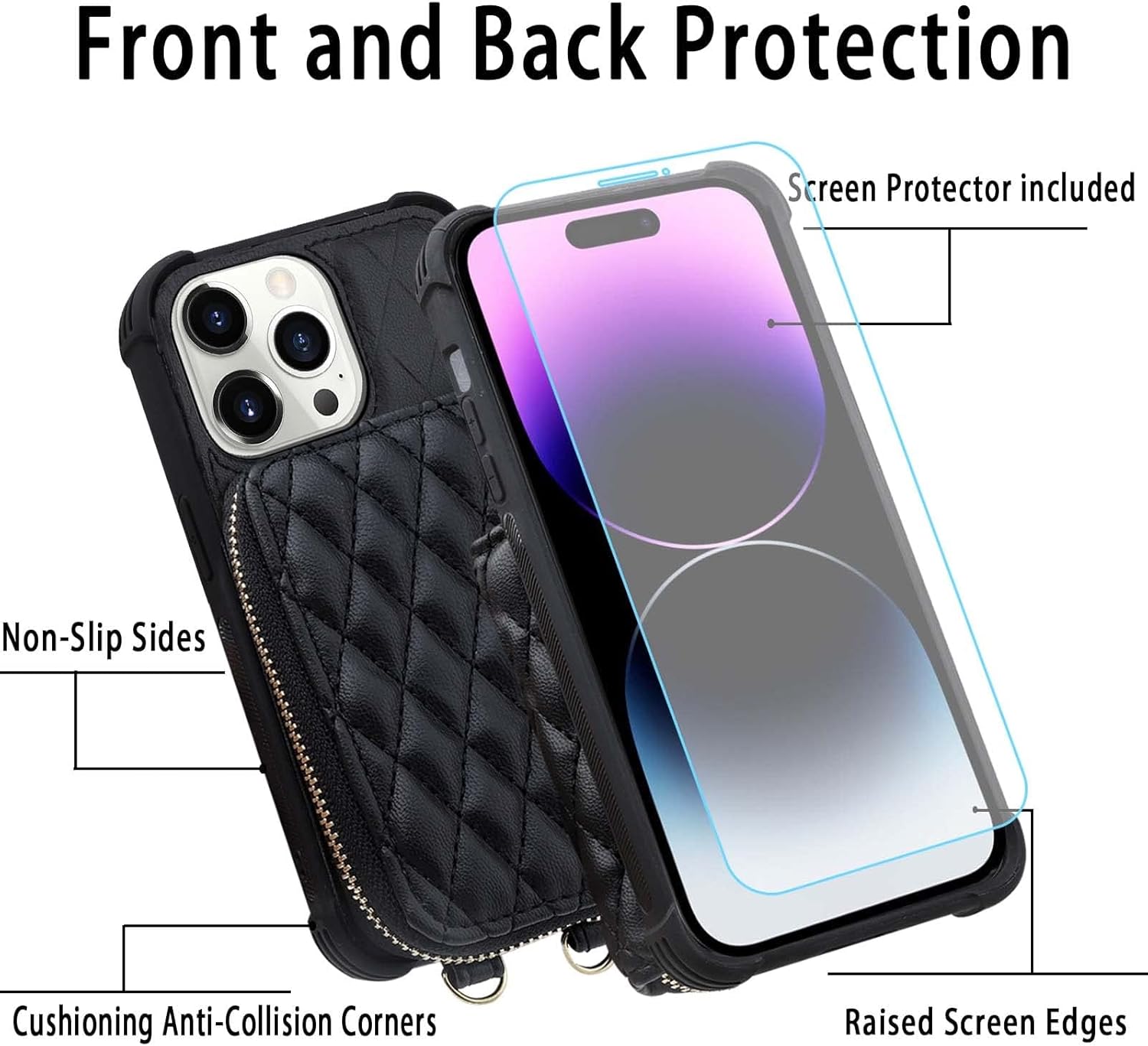 MONASAY Zipper Wallet Case Fit for iPhone 14 Pro, 6.1in [Glass Screen Protector ][RFID Blocking] Flip Leather Handbag Phone Cover with Card Holder,Detachable Crossbody Lanyard Strap, Black