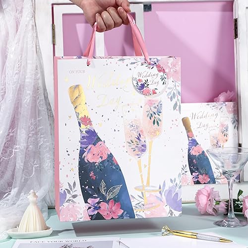 Miniatura 6 de WRAPAHOLIC Bolsa de regalo de boda grande de 13" con tarjeta y papel de seda - Copa de champán y Cheers