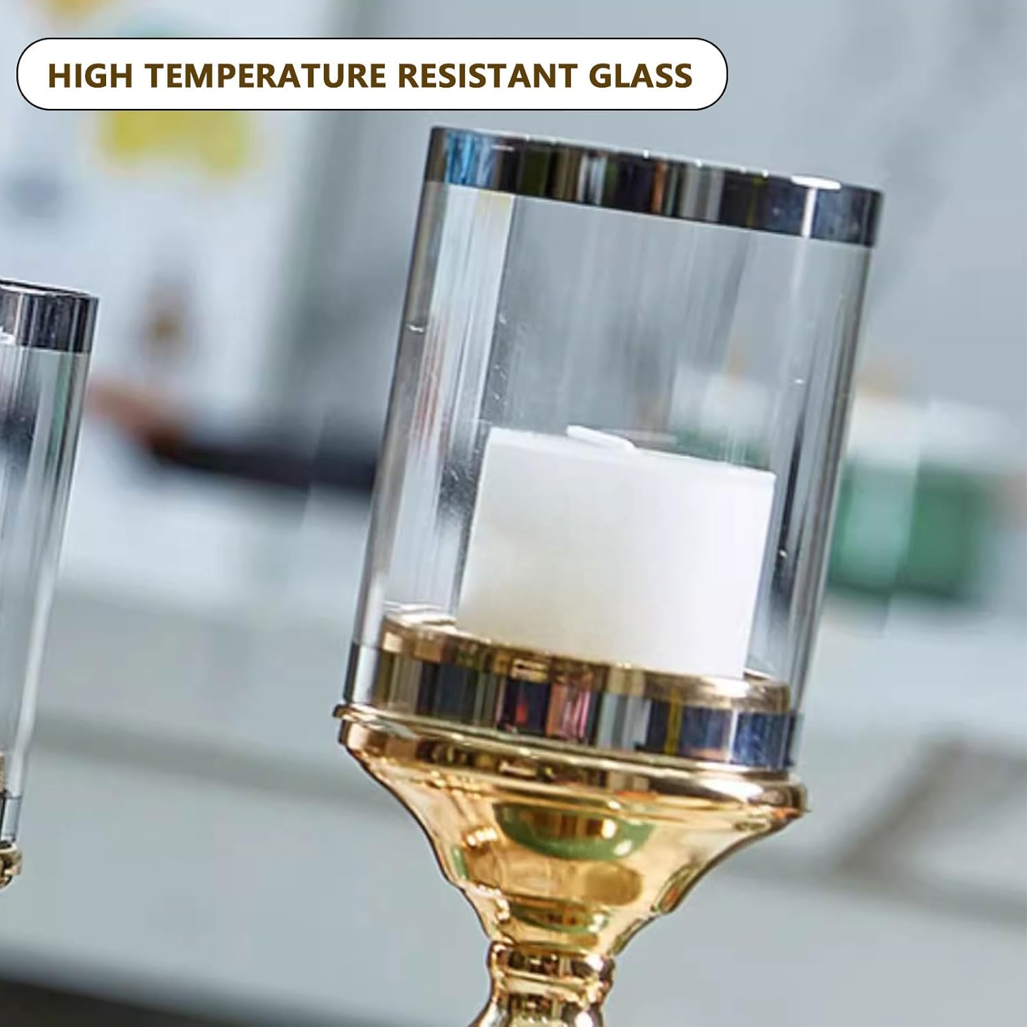 Glass Hurricane Candle Holders: Metal Candelabra with Clear Round Cylinder Lampshade Set of 2 Hurricanes Vase Pillars Holder for Wedding Party Table Centerpiece