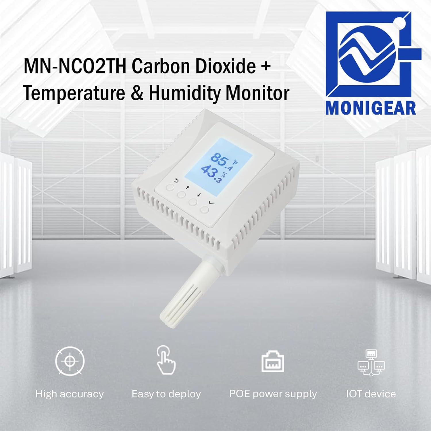 Indoor Air Quality Monitor, 3-in-1 Temperature Humidity CO2 Sensor, AWS/Azure/Tuya IoT with PoE, LCD Display, Protocol: MQTT, BACnet, SNMP, Modbus TCP, Home Assistant Ready, Email/IFTTT alarm