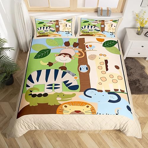 Miniatura 1 de Funda de edredón de animales del zoológico de dibujos animados para niños pequeños, lindo león, mono, elefante, juego de ropa de cama para
