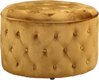 Iconic Home Batya Ottoman Button Tufted Velvet Upholstered Round Pouf Modern Contemporary, Cognac