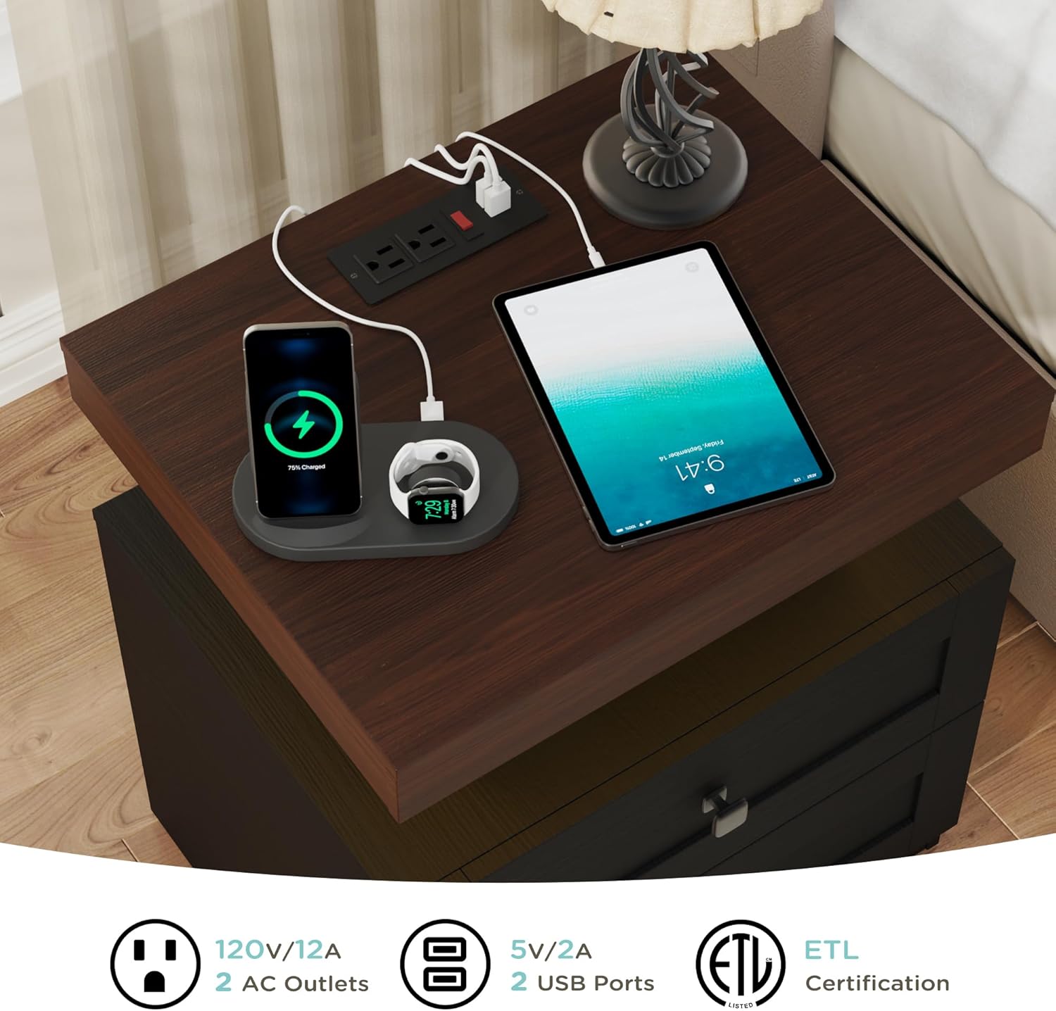 MHOM Farmhouse LED Nightstand Set of 2, Wood Bedroom Side Table with Charging Station, Rustic End Table with Drawers for Bedroom, Antique Black