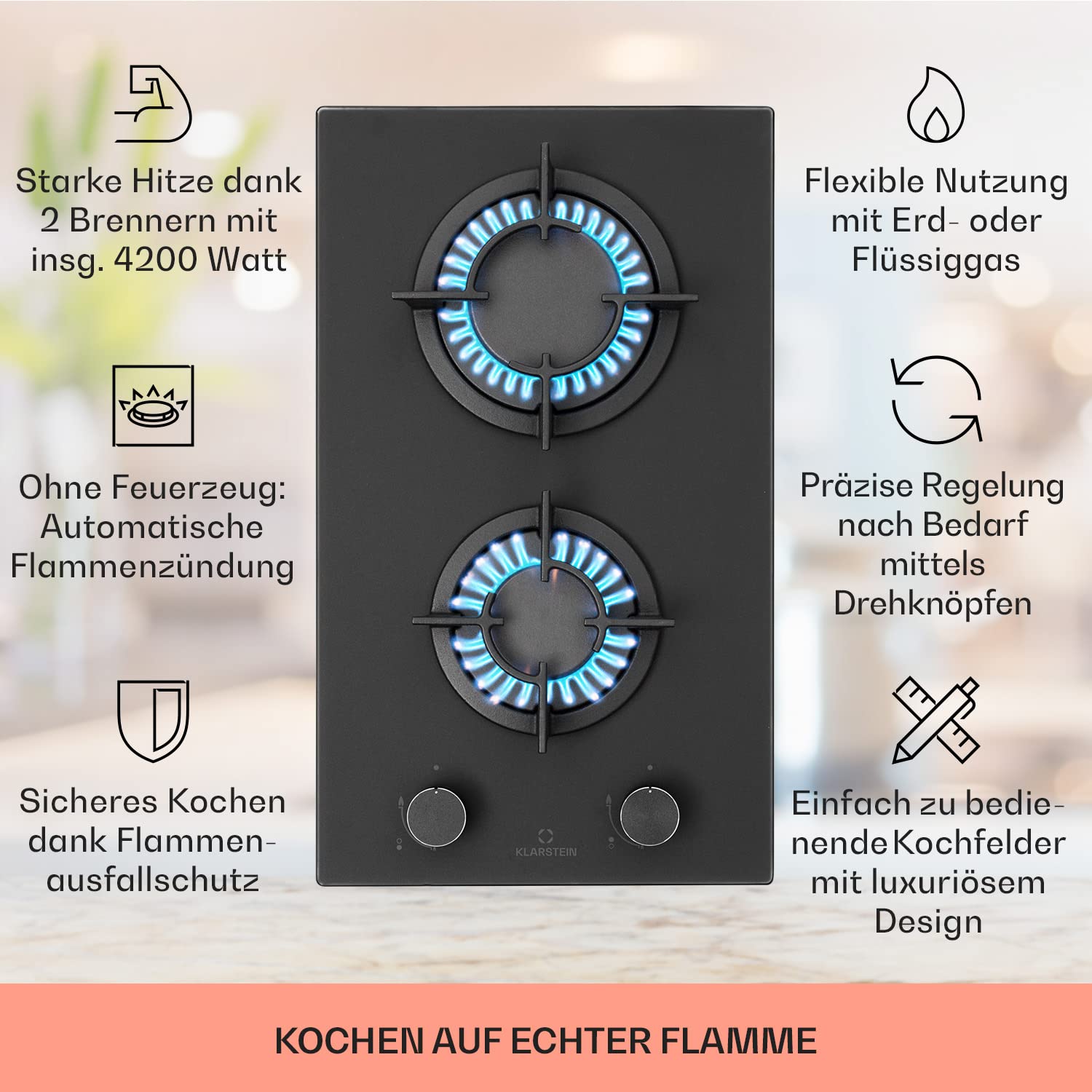 Klarstein Einbau-Gaskocher, Camping Gaskocher für den Innenbereich, Edelstahl 2-Flammig, LPG Gaskochfeld, Campingkocher mit Gas 2 Flammig, Gasherd für Propan- und Erdgas, Wok Brenner 4200W