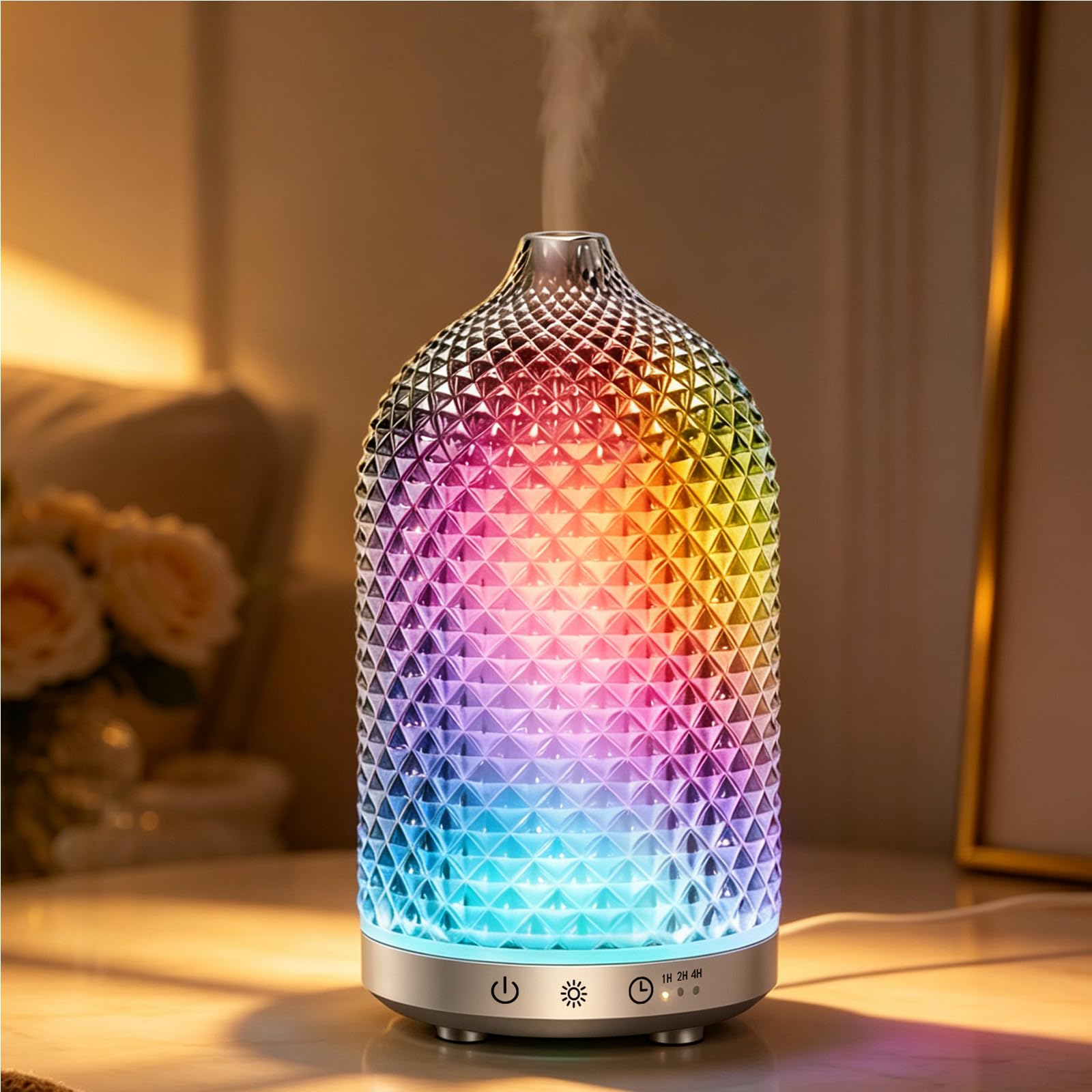 Photo 1 of Peuesty Essential Oil Diffuser 150ml, Glass Diffuser with Ultrasonic Small Humidifier, 7 Color Lights, 1/2/4H Timer, Quiet Auto Shut-Off Oil Diffuser for Bedroom, Home, Office (Silvery)