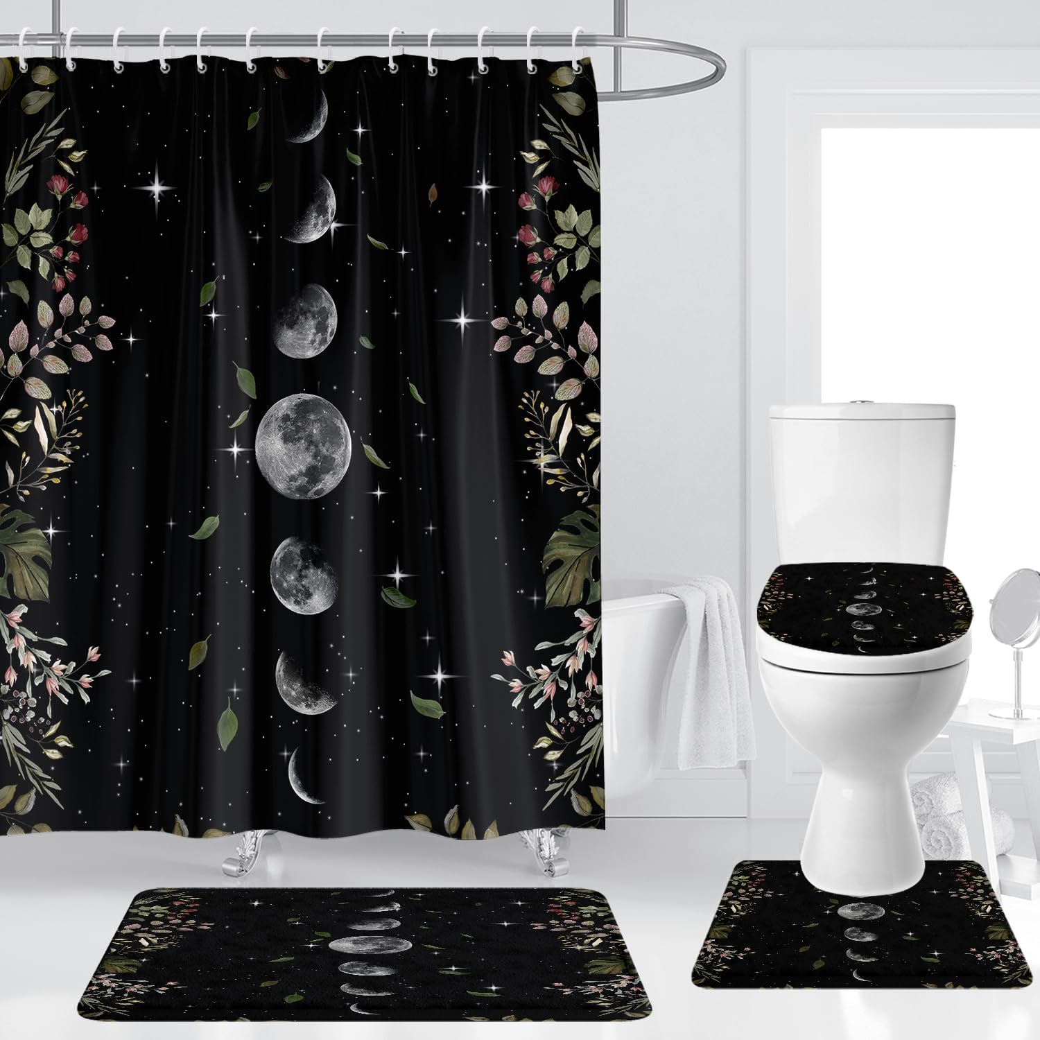 Moon Phase Shower Curtain Set Celestial Moonlit Crescent Lunar Cycles Eclipse Leaves Plant Planet 4 Pcs Decor Bathroom Mat Toilet Lid Cover U Shaped Non-Slip Rug Fabric Polyester 60x72 Inch