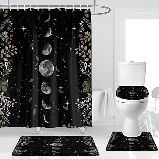 Moon Phase Shower Curtain Set Celestial Moonlit Crescent Lunar Cycles Eclipse Leaves Plant Planet 4 Pcs Decor Bathroom Mat Toilet Lid Cover U Shaped Non-Slip Rug Fabric Polyester 60x72 Inch