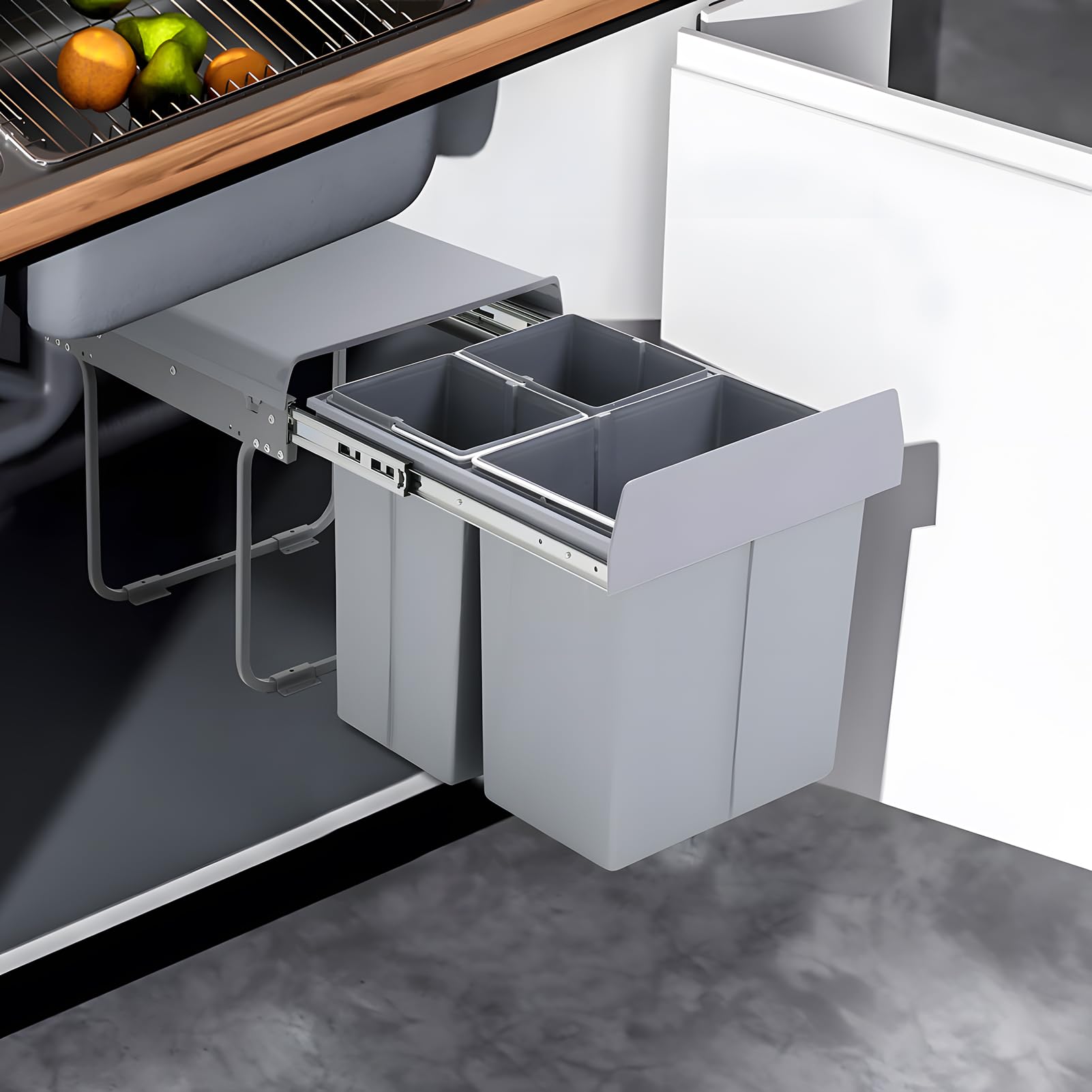 Warmiehomy 40L Pull Out Kitchen Bin Waste Recycling Bin 3 Compartment