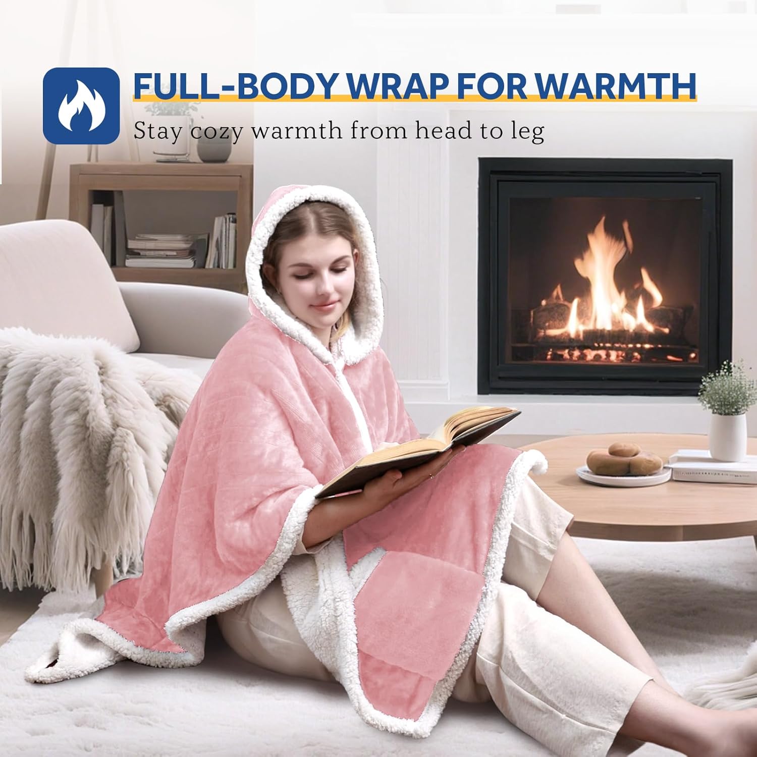 Sealy Heated Throw Wearable Shawl Wrap with Pockets, Reversible Flannel to Sherpa Electric Blanket Hoodie Poncho with 6 Heating Levels & 2-10 Hours Time Settings, 50 X 60 Inch, Pink - Image 2