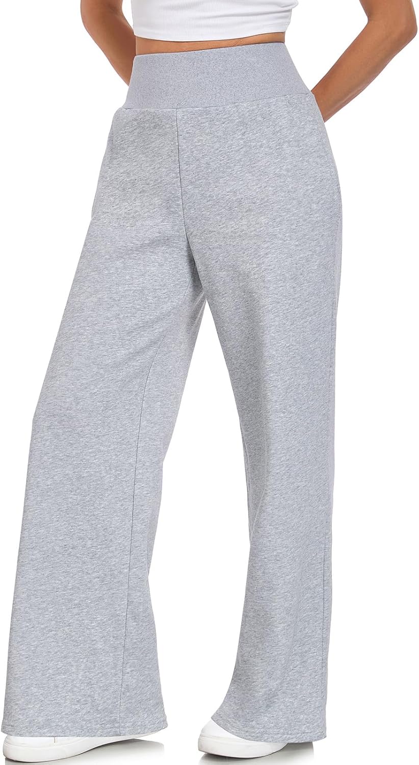 Women's Wide Leg Sweatpants Baggy Ribbed High Waist Straight Leg Casual Loose Fit Sweat Pants with Pockets - Image 2