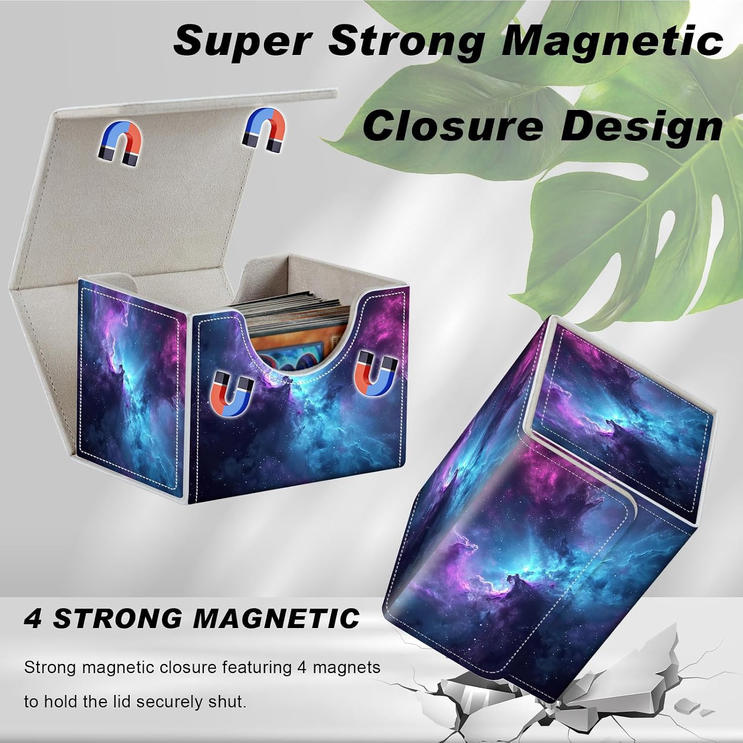 Card Game Storage Box TCG Deck Box MTG Card Box Organizer Trading Card Case Commander Deck Box TCG Card Storage Box Magnetic Closure Creative Pattern Up to 200 Cards, Blue And Purple Space Star