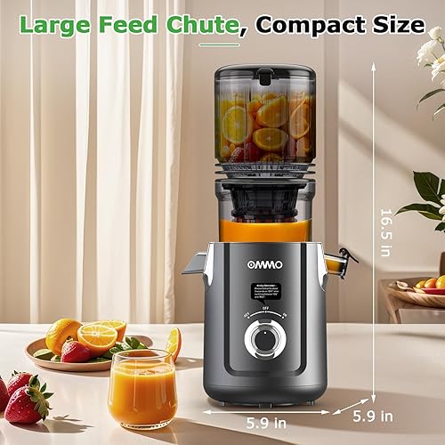 Miniatura 7 de OMMO Máquinas de exprimidor de prensa en frío canal de alimentación de 5.1 "para frutas y verduras enteras, exprimidor lento de 300 W sin BPA para