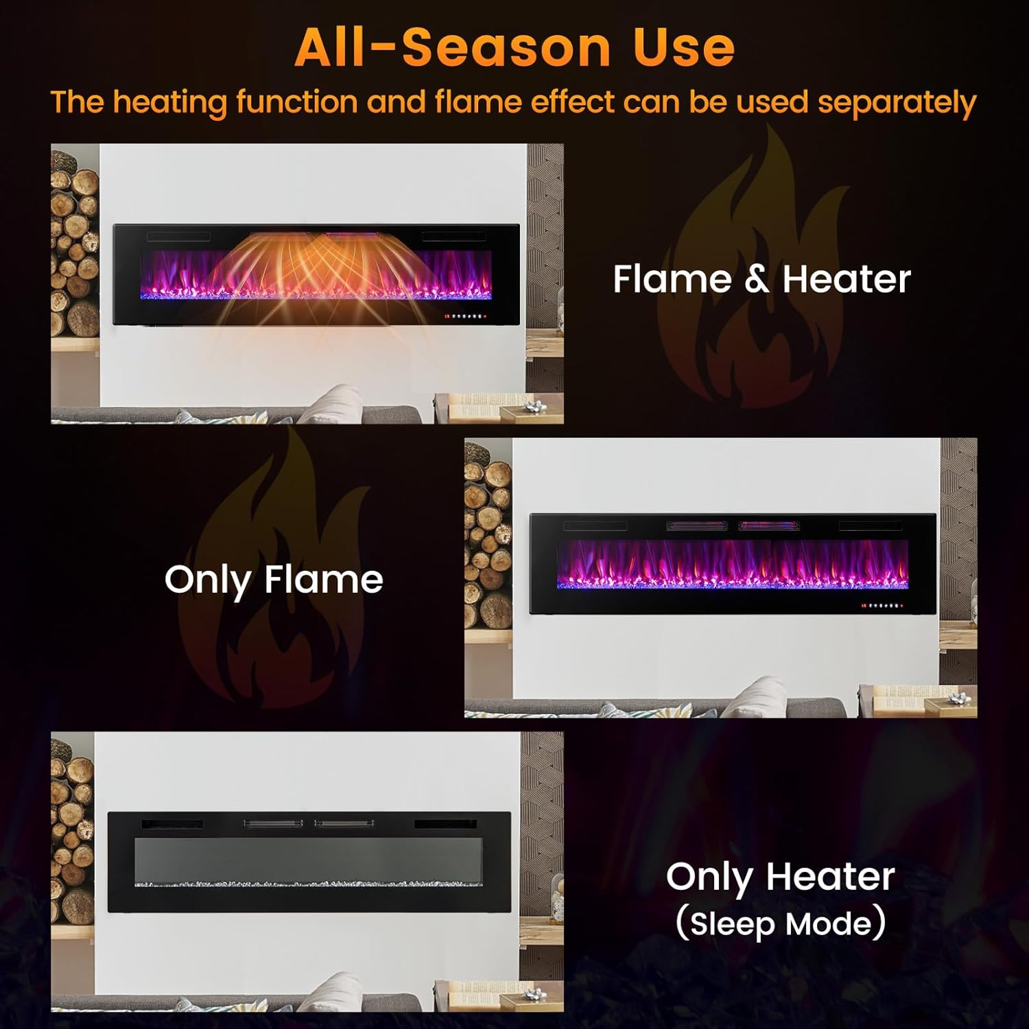 COSTWAY Ultra-Thin Smart WiFi Electric Fireplace 72-inch Wide, Compatible with Alexa & Google Assistant, 750W/1500W Fireplace Heater with 12 Flame and Flame Bed Colors, Remote/APP Control, Black