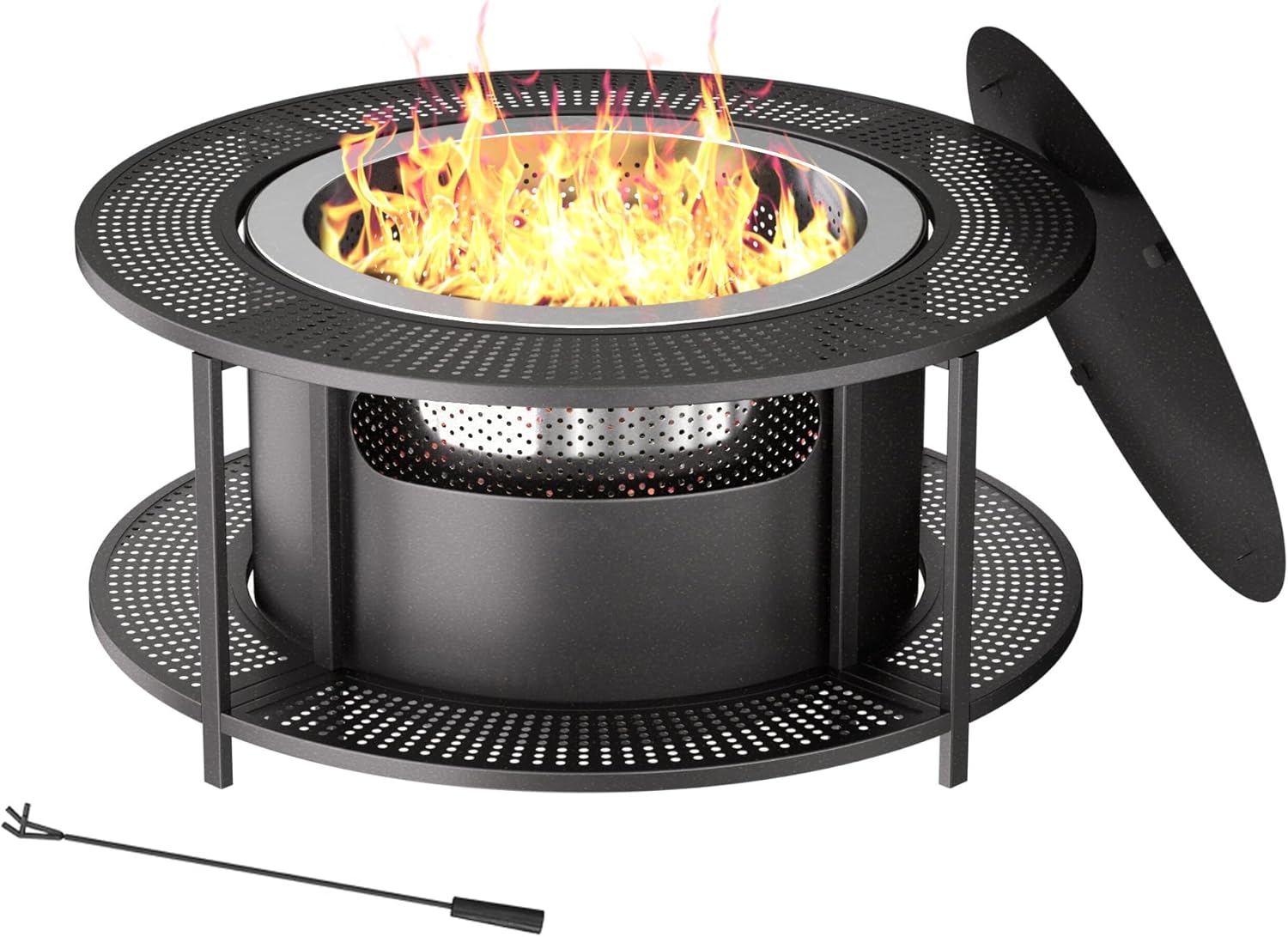 Kullavik 37 Inch Surround Tabletop with 25 Inch Outdoor Smokeless Fire Pit,Stainless Steel Firepit with Weather Resistant Cover,Wood Burning Fire Pit for Outside