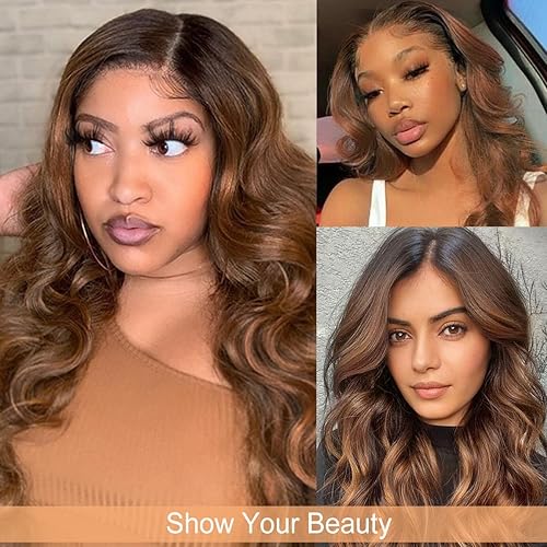 Miniatura 6 de Halcyon Peluca larga de color marrón degradado para mujer, peluca sintética de 26 pulgadas, peluca ondulada de color castaño medio, peluca de fibra