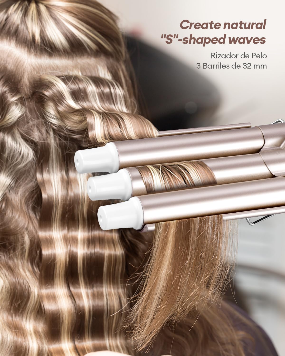 CkeyiN Rizador de Pelo 3 Barriles de 22 mm, Profesional Con Placas de Cerámica de Turmalina, Eléctrico Con Pantalla LCD, Temperatura Ajustable 80℃-230℃, Rosa