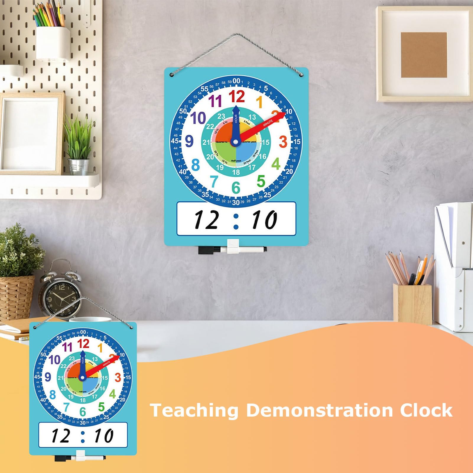 Orologio didattico - Orologio didattico, apprendimento educativo per bambini | Strumento per esercitarsi sul doppio lato con area di scrittura cancellabile a secco, risorsa educativa in stile p