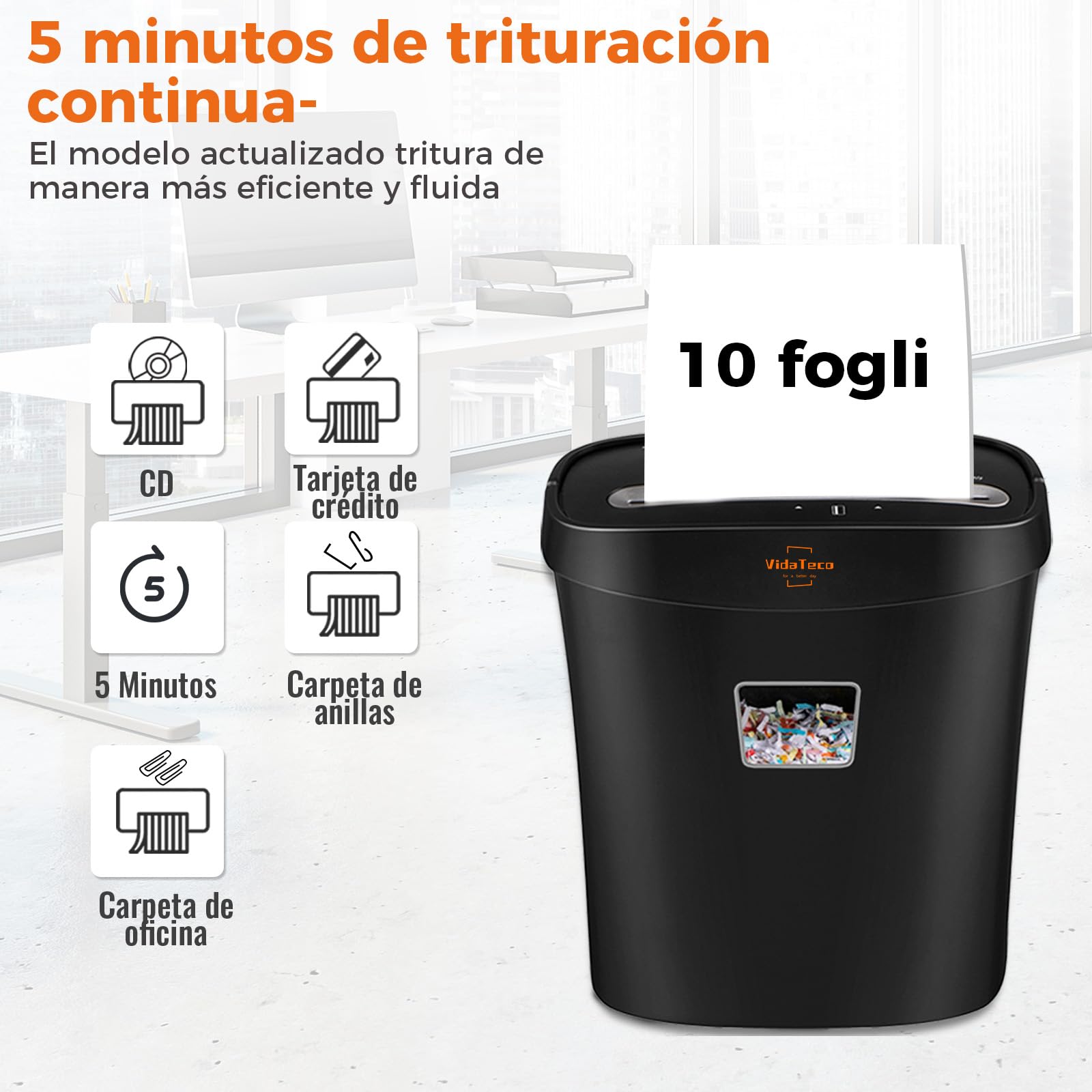 VidaTeco Destructora de Papel para Casa de 10 Hojas Contenedor de 15 L | Trituradora de Papel de Corte Transversal Que Destruye Papel Tarjetas Triturador con diseño de Mango portátil