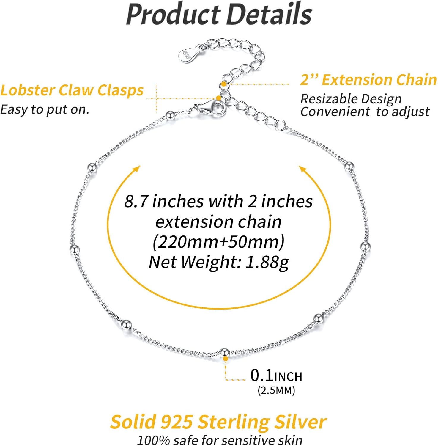 ChicSilver 925 Sterling Silver Anklet Jewelry Set for Women, Simple Dainty Ankle Bracelet for Beach Party(with Gift Box)