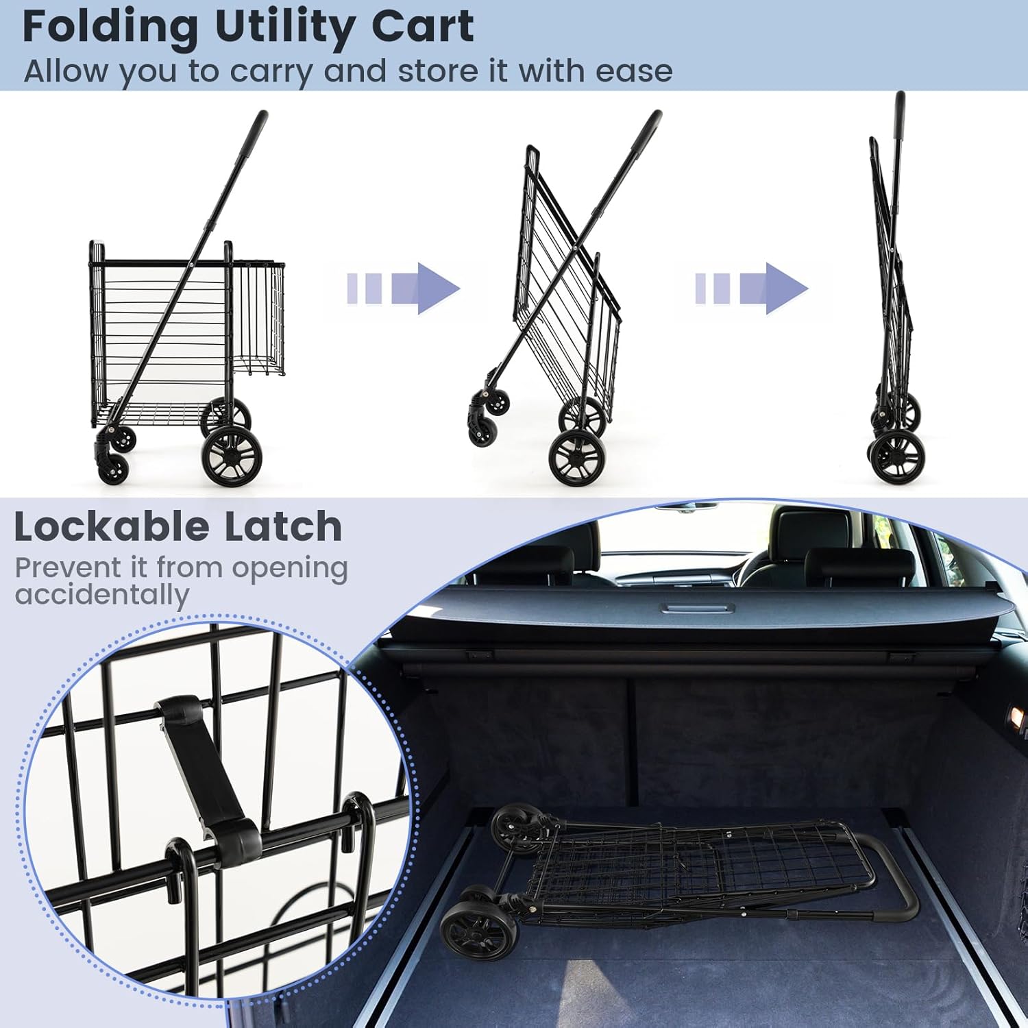 Goplus Folding Shopping Utility Cart, Double Basket and 360° Swivel Wheels, Adjustable Handle, Small Cart Perfect for Grocery Laundry Book Luggage Travel