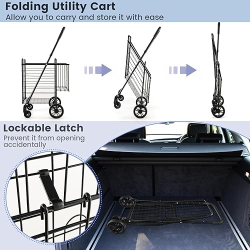 Miniatura 5 de Goplus Carrito Plegable de Compras de Utilidad, Cesta Doble y Ruedas Giratorias de 360, Mango Ajustable, Carrito Pequeño Perfecto para Comestibles,