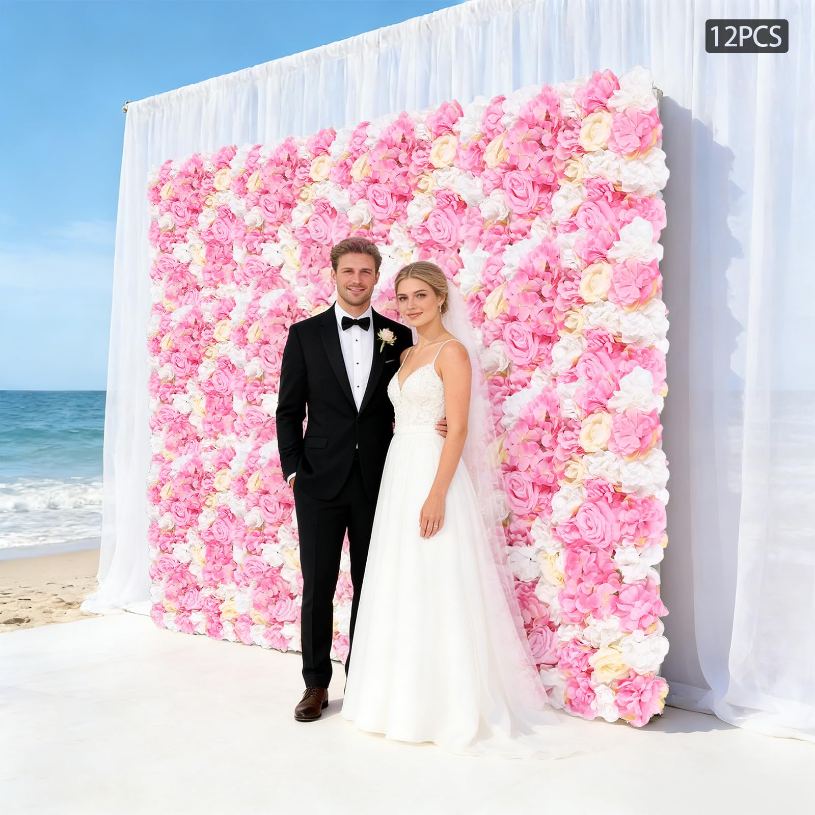 12 Stück Rosa Künstliche Blumen-Wandpaneel, 60 x 40CM Seide Rose Wanddekoration Blumenhintergrund Kunstblumen Deko Rosenwand Dahlienrose für Weddind Bühne Party Foto Hintergrund Heimdekoration