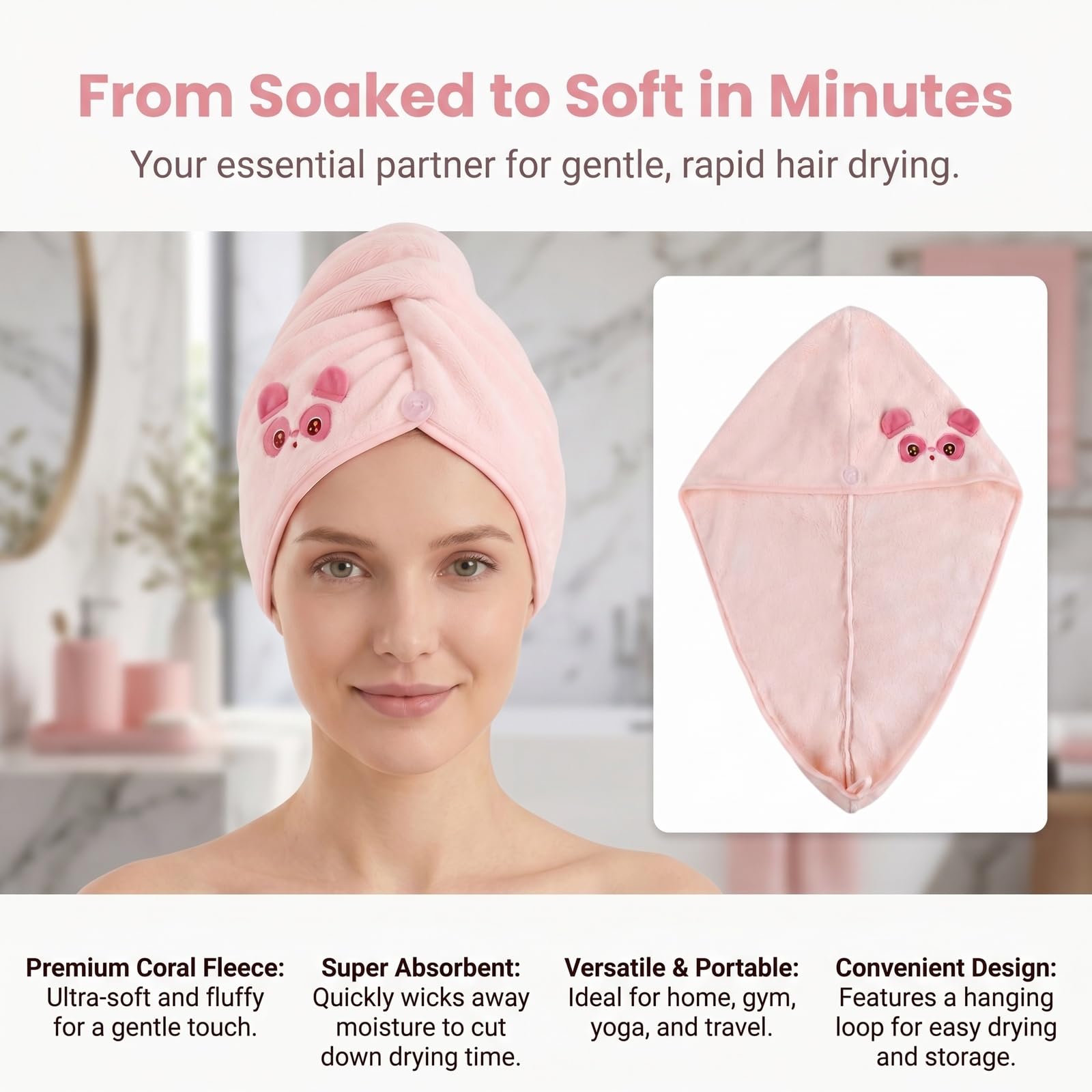 Asciugamano per Capelli,Multifunzionale Asciugamani Capelli a Turbante con Bottoni Super Morbido e Assorbente Asciugamano Microfibra Capelli per Yoga, Cura Della Pelle, Lavaggio Dei Capelli (rosa)