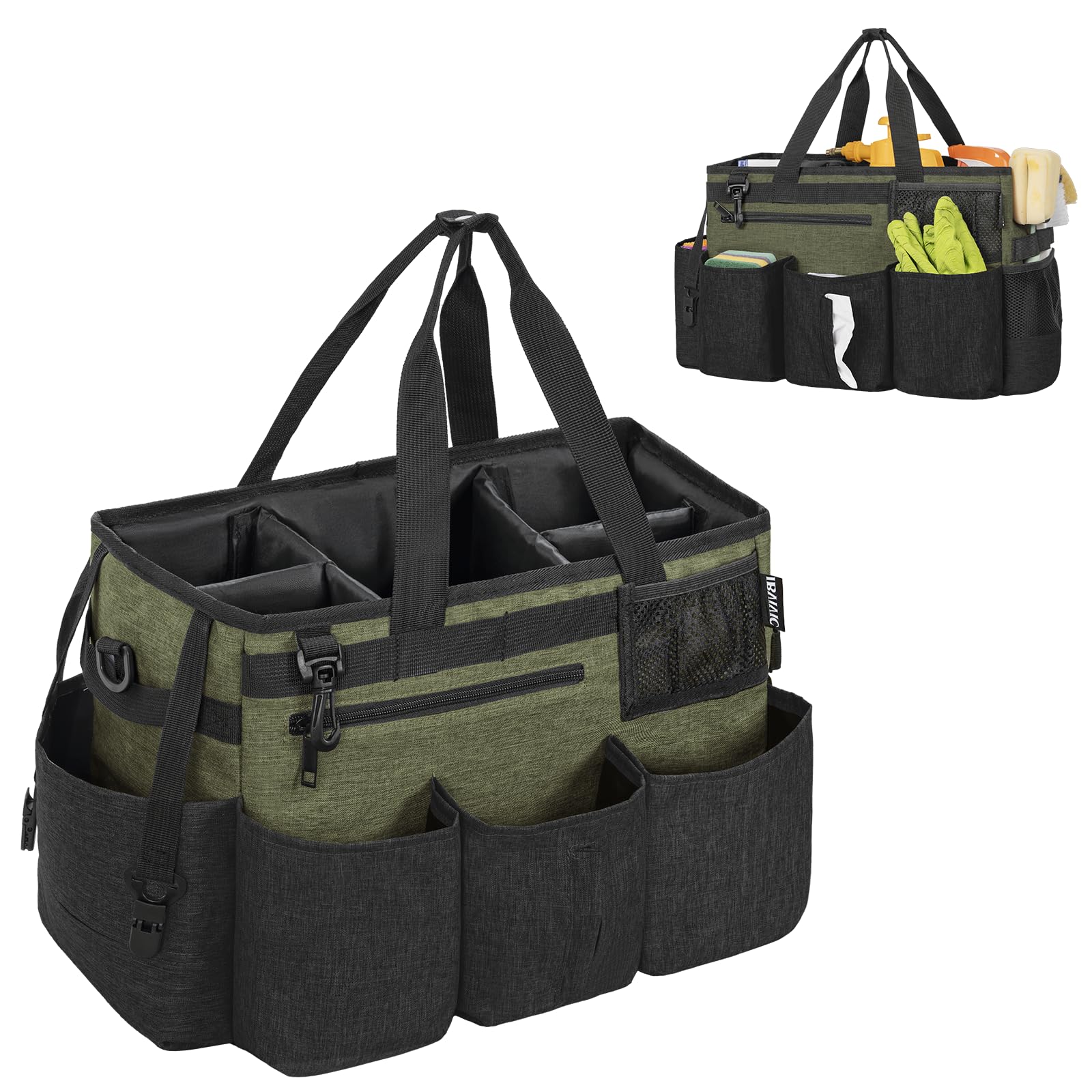 OUUTMEE Reinigungstasche 38 x 22 x 26 cm,Mit herausnehmbarem Fach Tote Reinigungstasche，Tragbarer Organizer für Reinigungsmittel Mit verstellbarem Schultergurt，Grün Groß