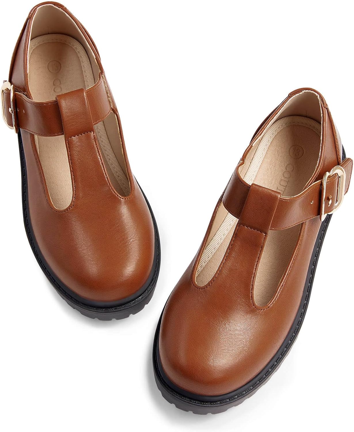 Coutgo Girls Mary Jane Dress Shoes Platform Loafers School Uniform Chunky Heel Closed Toe T-Strap Flats