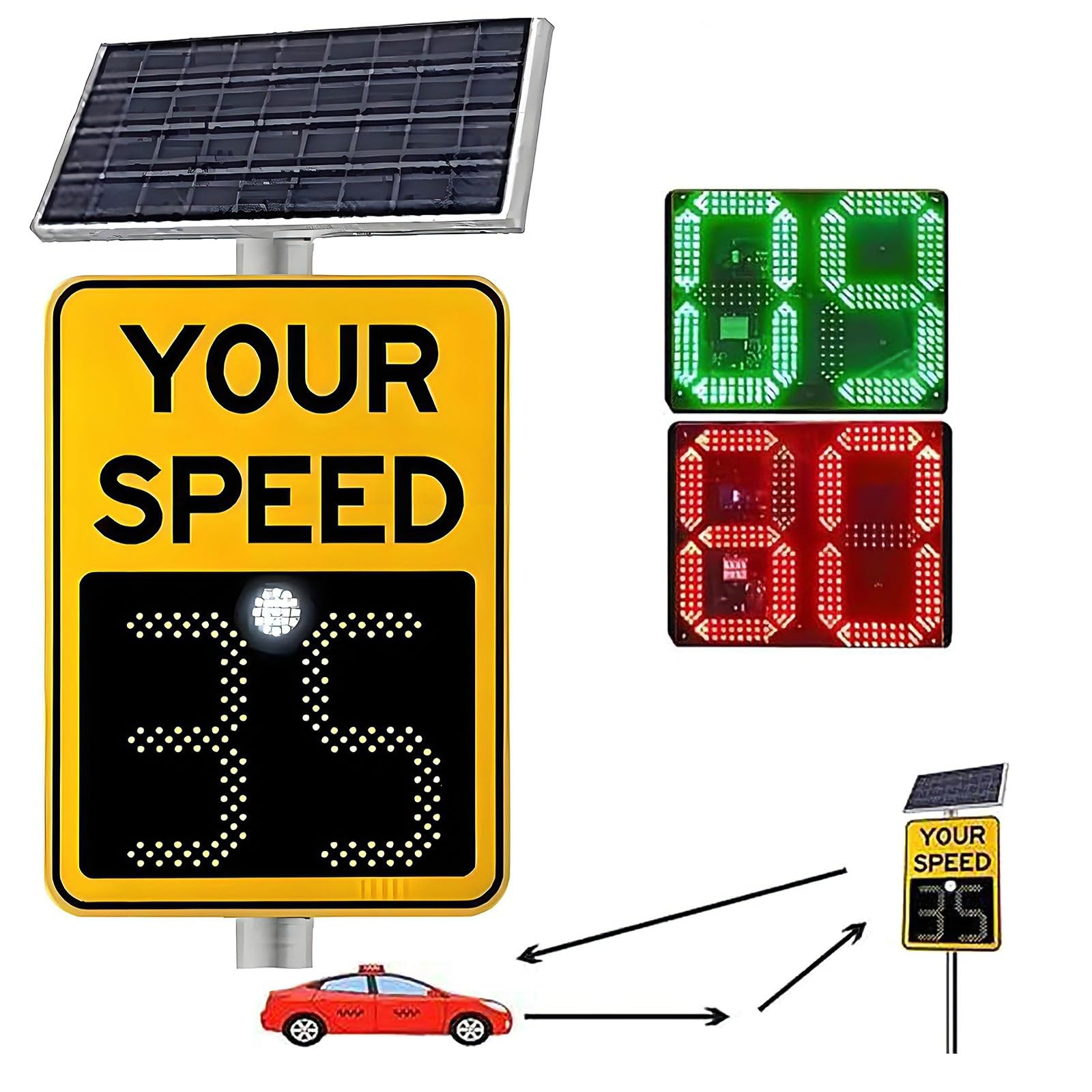 Señal de velocidad de radar LED con energía solar, tablero de advertencia de retroalimentación de tráfico, detector de límite de velocidad de seguridad vial, impermeable, para parques industriales y