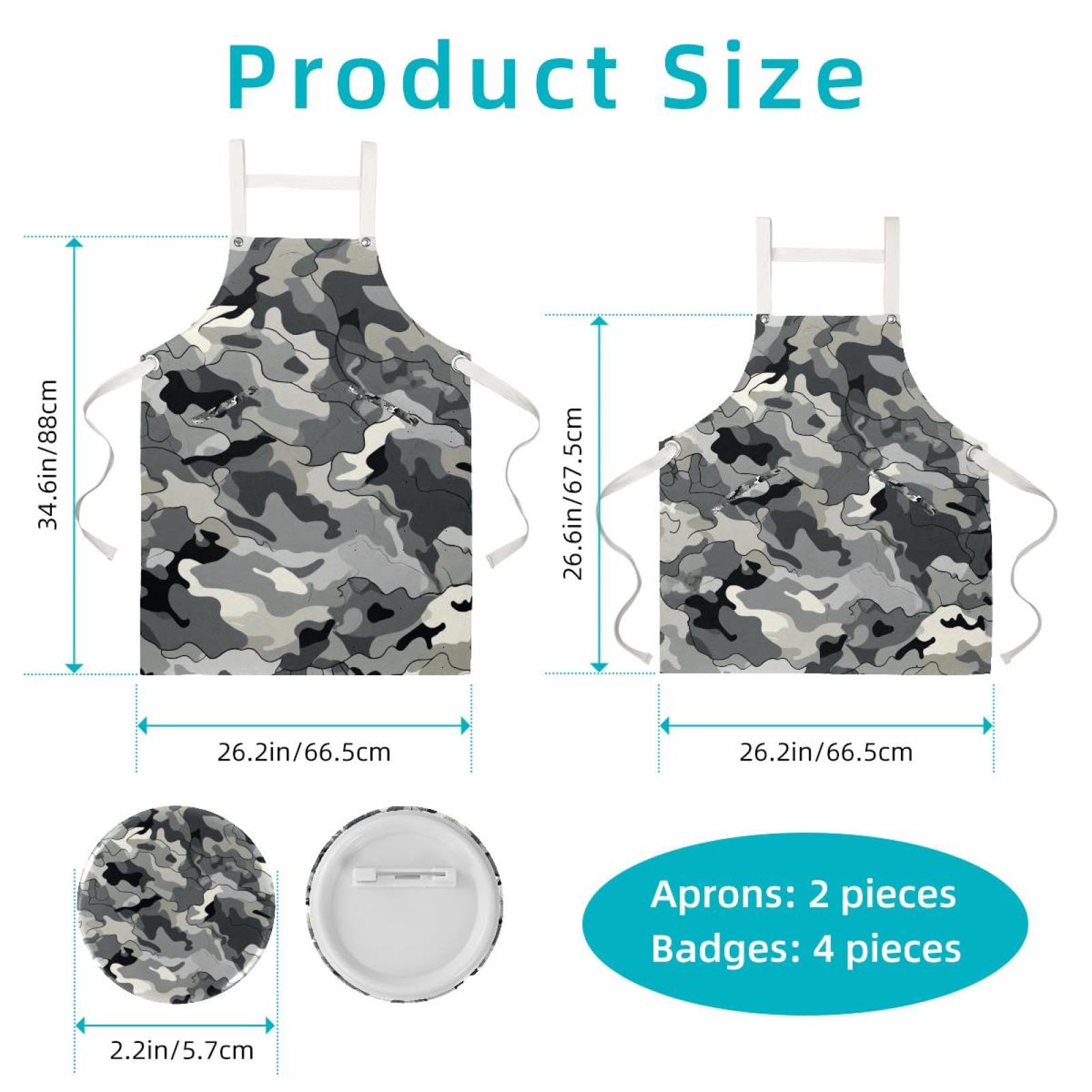 Lot de 2 tabliers de cuisine imperméables et réglables avec 2 poches pour homme et femme Motif peau de camouflage Gris, Imprimé camouflage gris, L:26.2x34.6in/66.5x88cm;M:26.2x26.6in/66.5x67.5cm