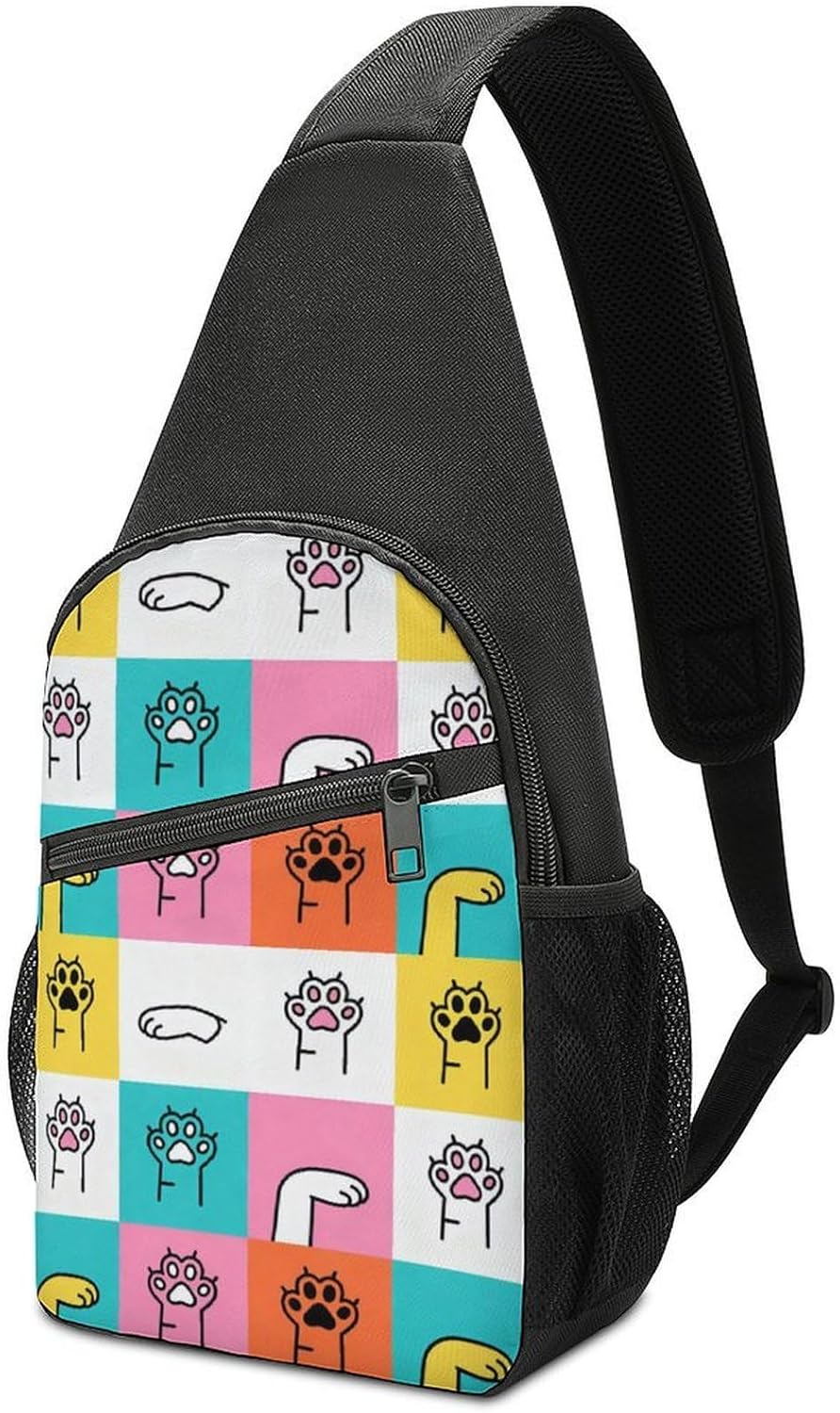 SWEET TANG Men's Crossbody Bags, Casual Daypacks Cartoon Cute Cats Paw Print for Cycling and Travel, Fashion Sling Shoulder Backpack Square Rucksack with Small Pocket for Key Purse
