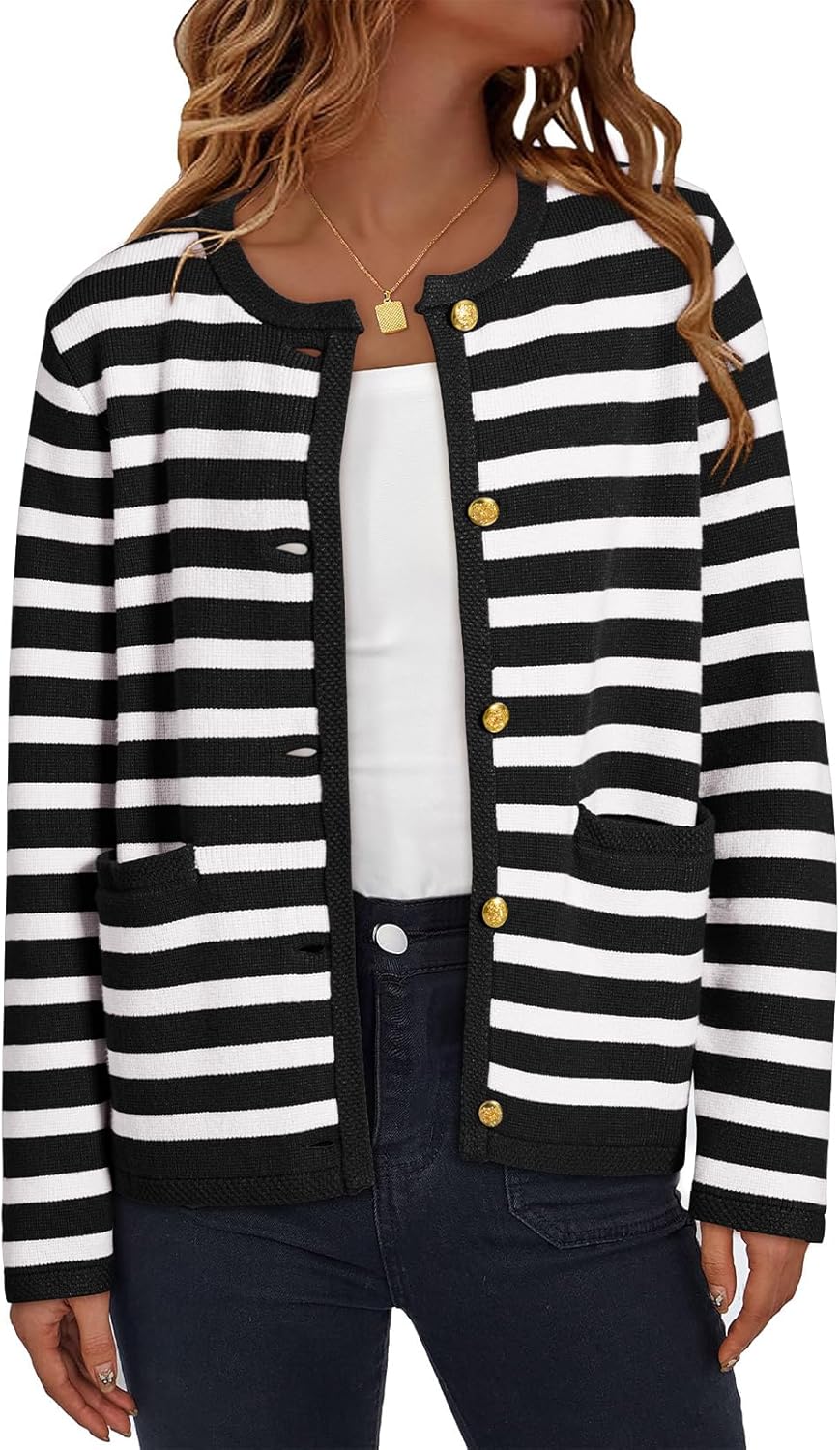 Dokotoo Women's 2026 Fashion Casual Crew Neck Open Front Long Sleeve Chunky Knit Striped Cardigans Sweaters Outerwear Coats