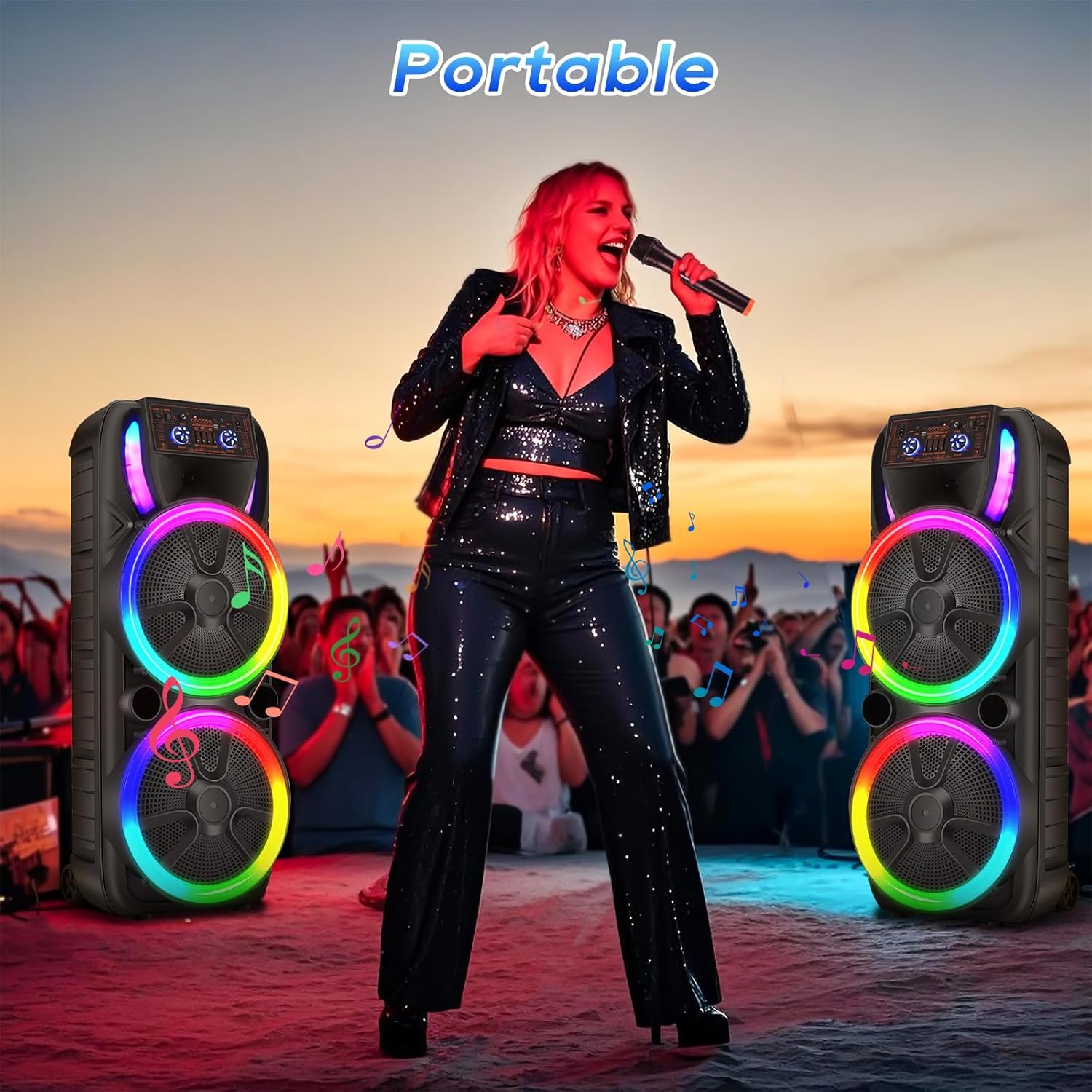 Dual 15'' Wireless Party Bluetooth Speaker, Portable PA Speaker Systems with 2 Wireless Microphones & Remote Control, Karaoke Machine with DJ Lights, TWS, REC, FM Radio, Treble Adjustment - Image 6